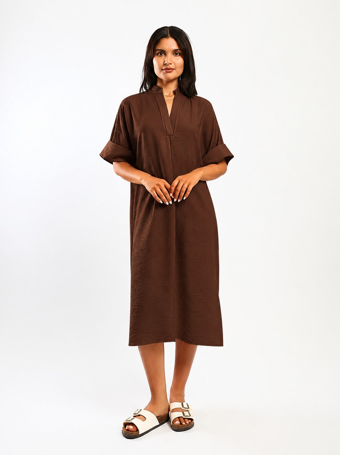 Solid Split Neck Midi Dress – Chocolate Brown