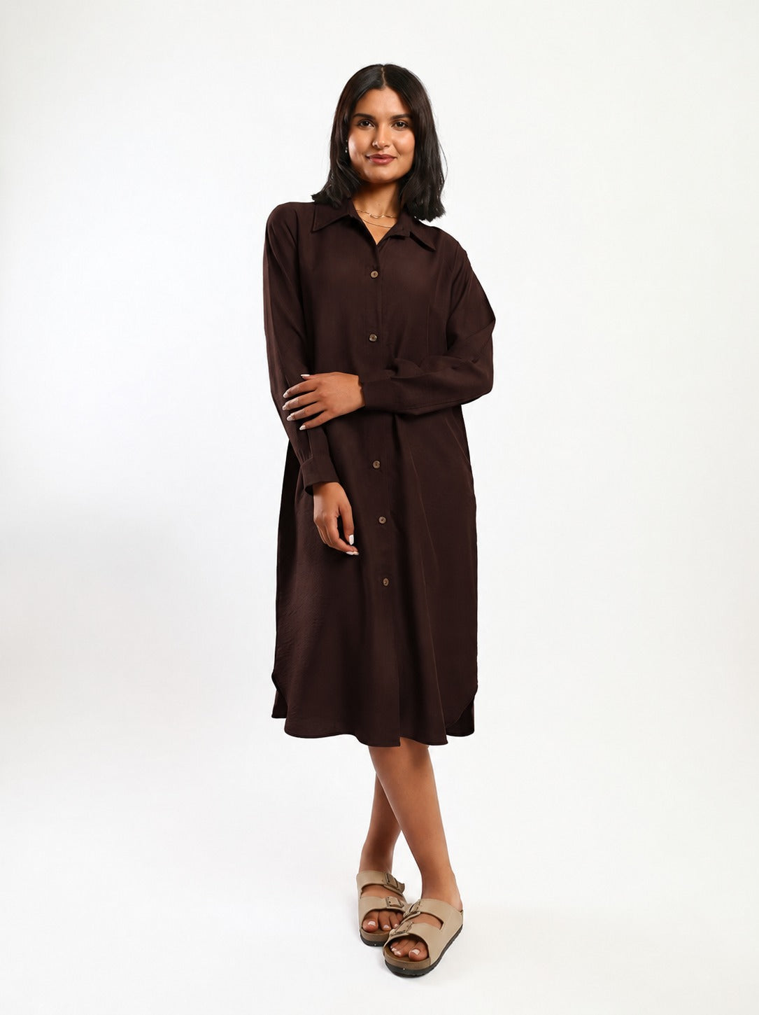 Solid Button Front Shirt Dress – Chocolate Brown