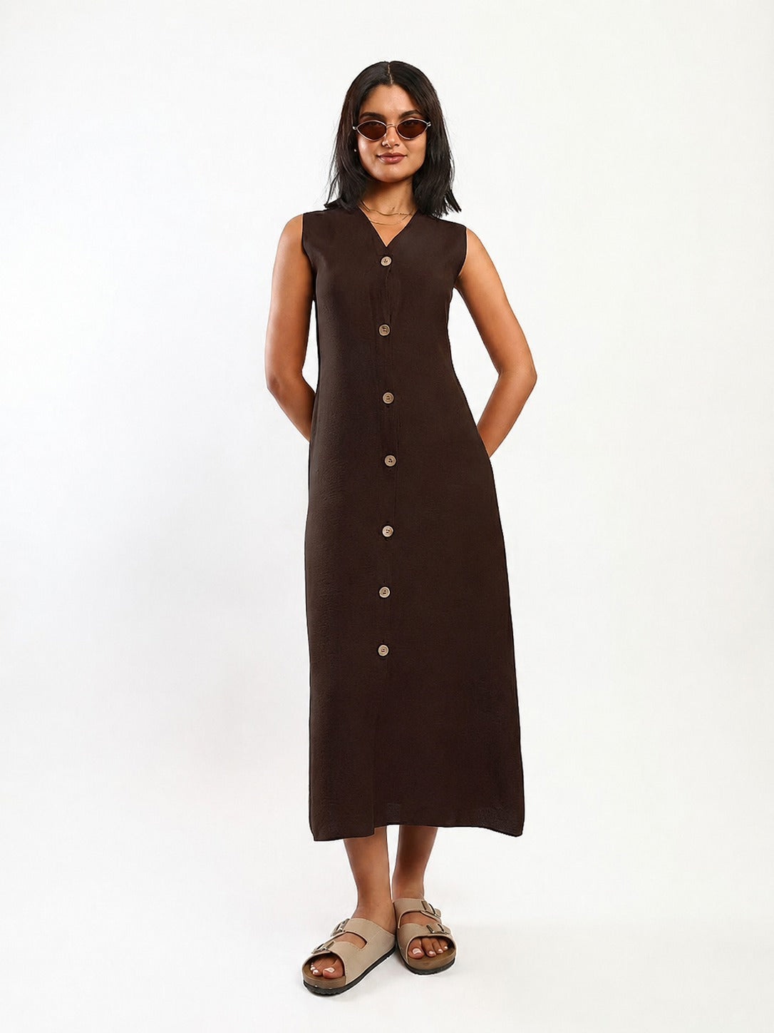 Solid Button Front Sleeveless Dress – Chocolate Brown