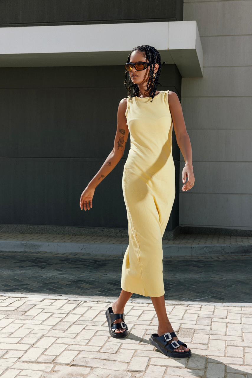 Cotton Basic White Dress - Yellow