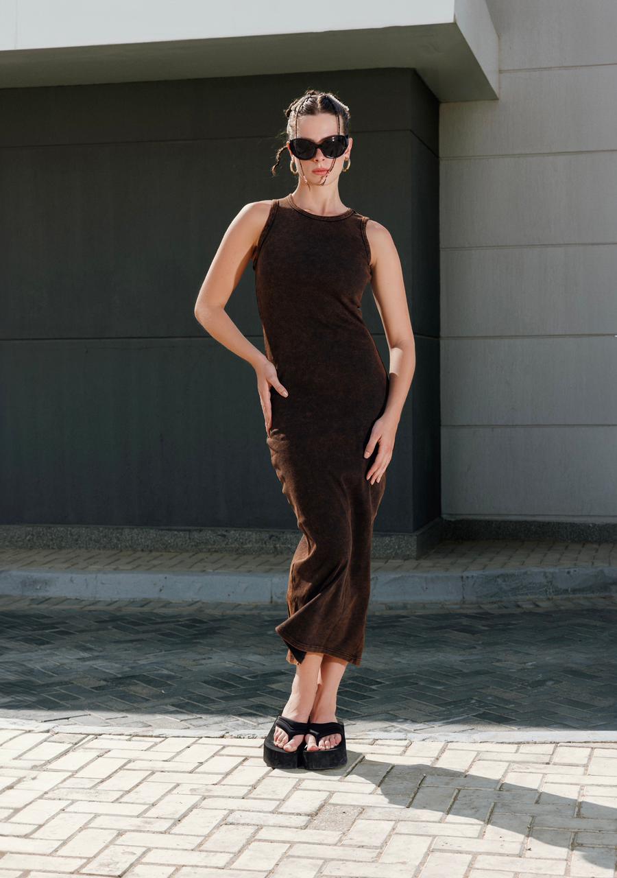 Cotton Basic White Dress - Brown