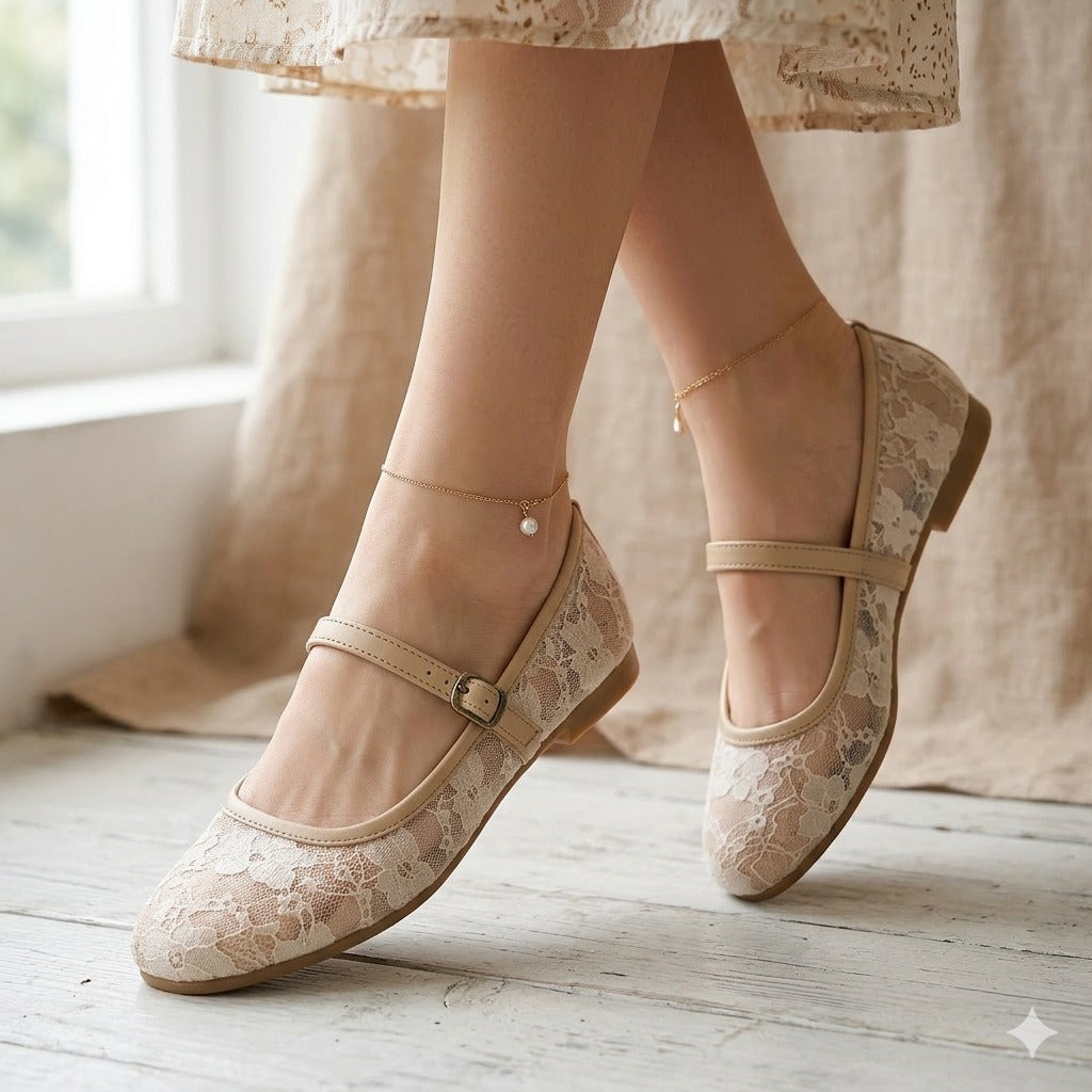 Leather & Lace Floral Ballet Flats – Beige