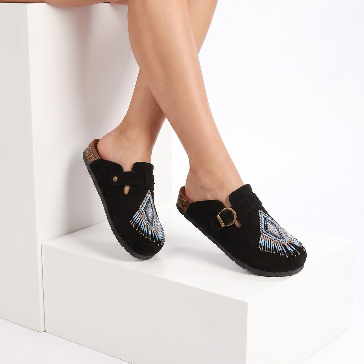 Beaded Slip-On Cork Clogs – Black