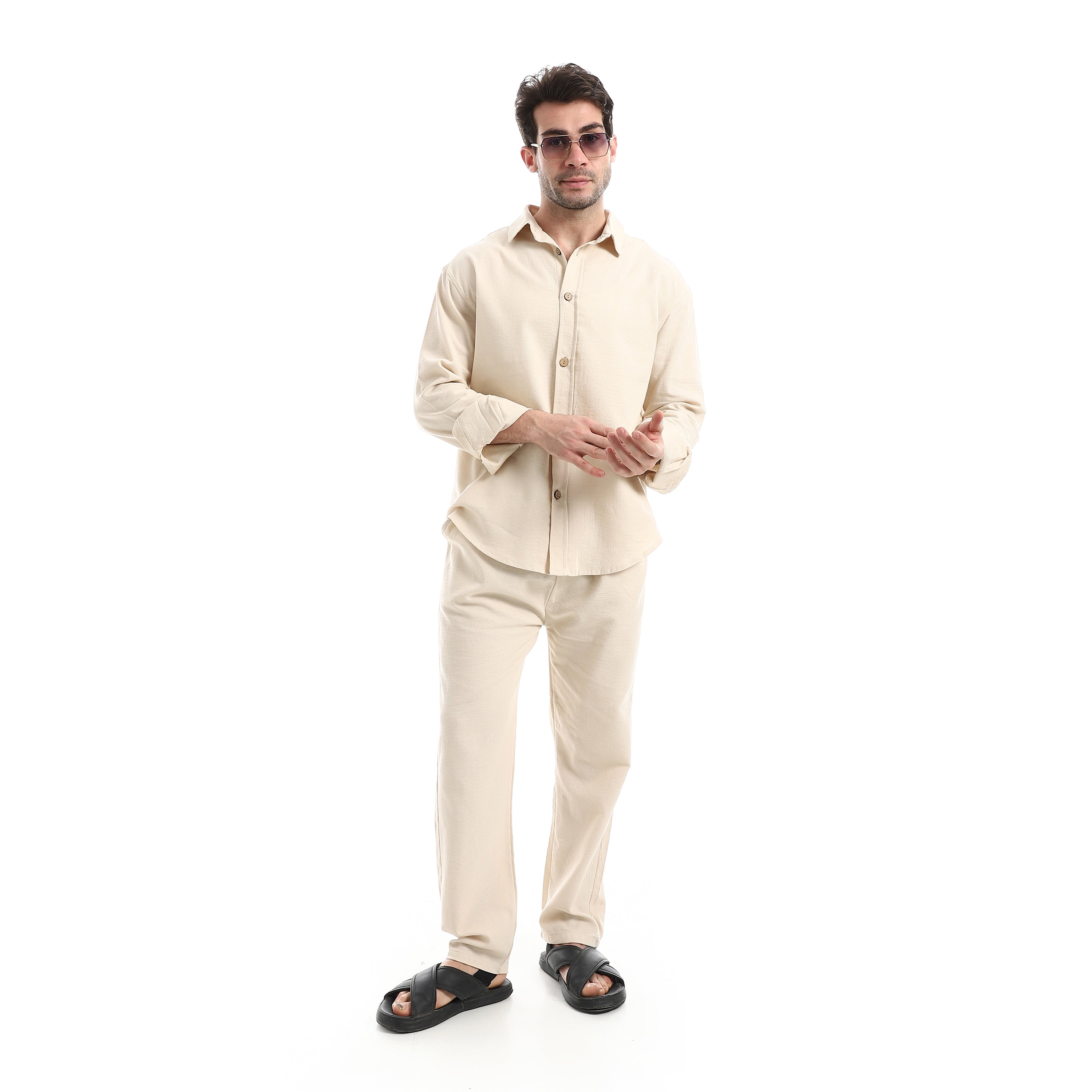 Long Sleeve Casual Pants Set - Light Beige