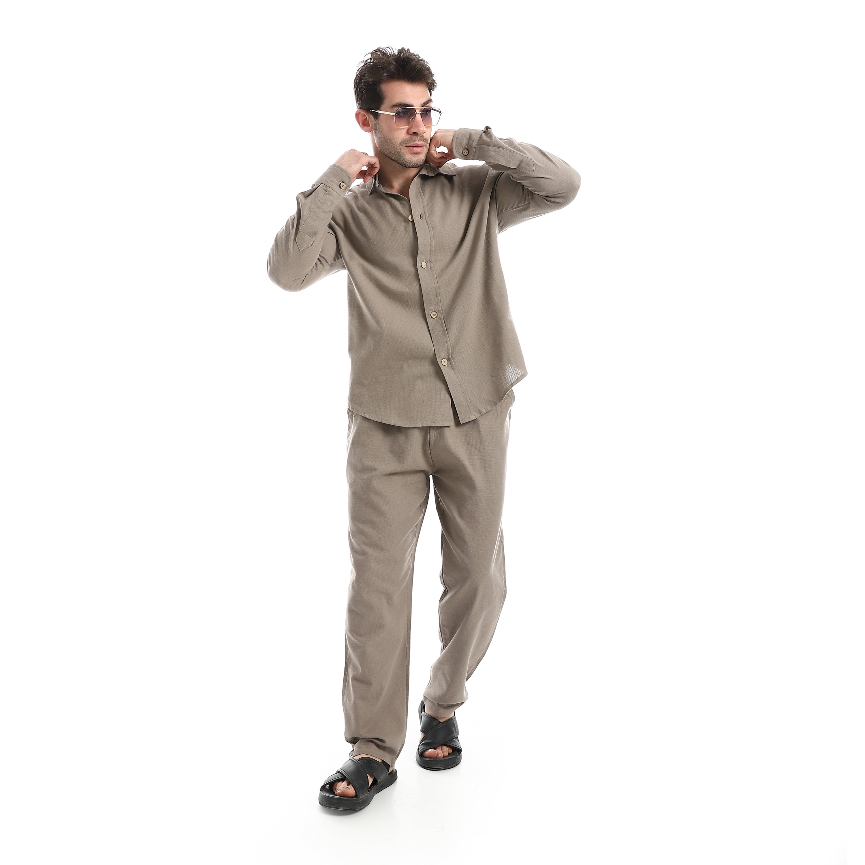 Long Sleeve Casual Pants Set - Café