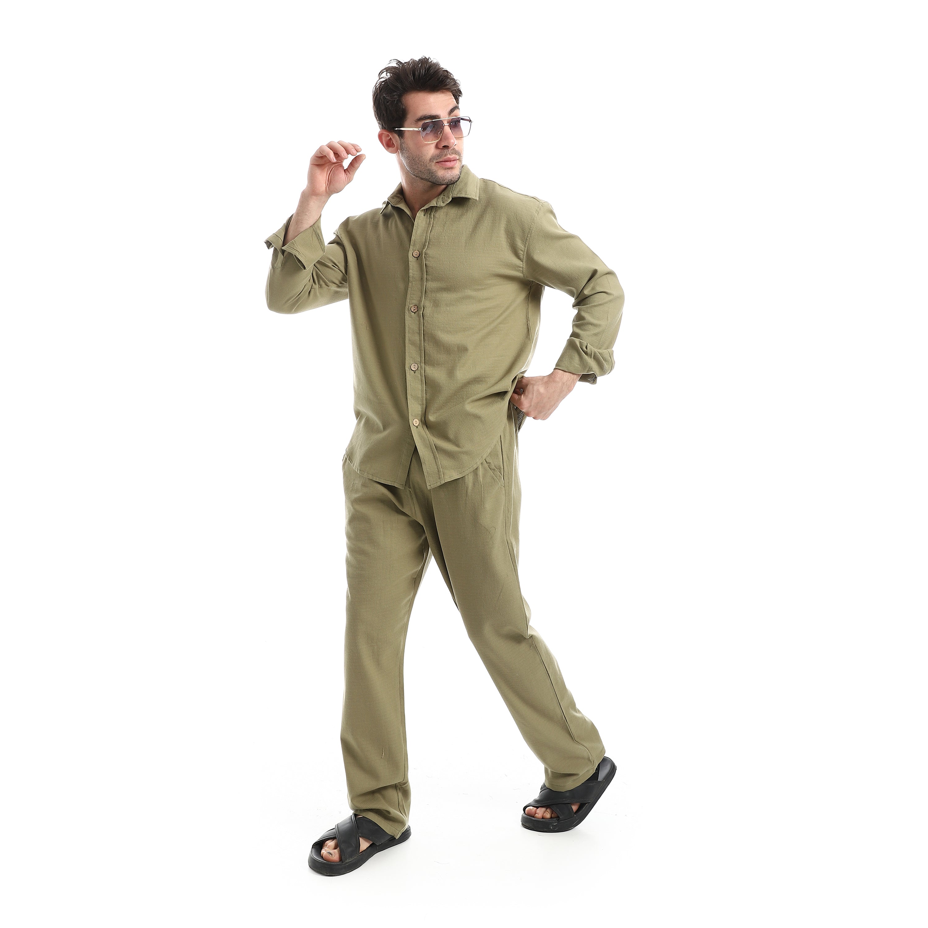 Long Sleeve Casual Pants Set - Olive