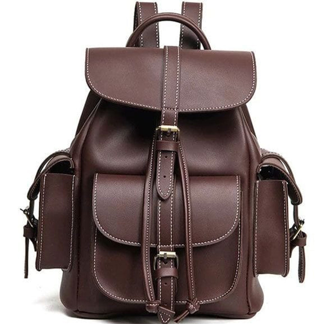 Faux Leather Vintage-Inspired Leather Backpack - Brown