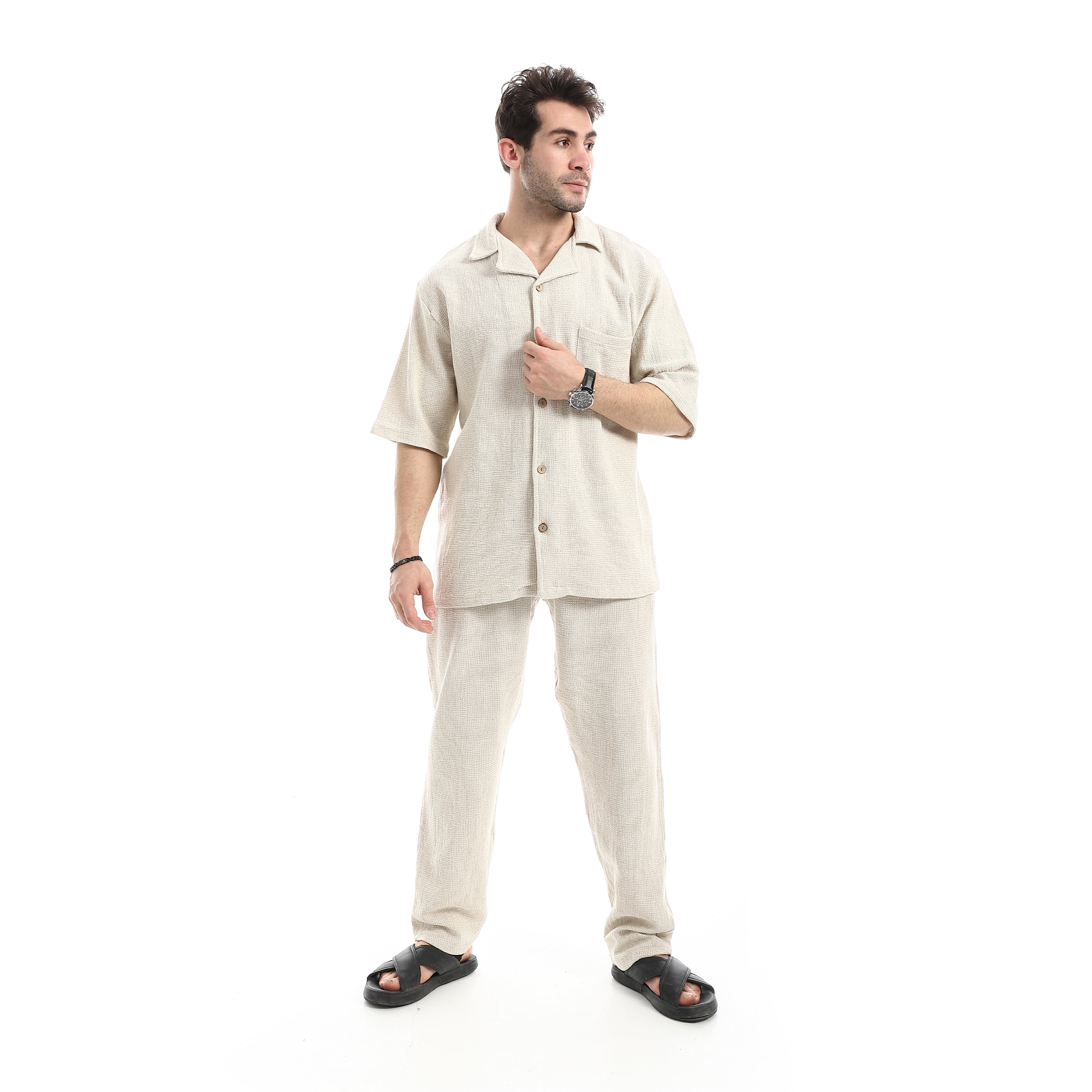 Relaxed Fit Breathable Pants Set - Beige