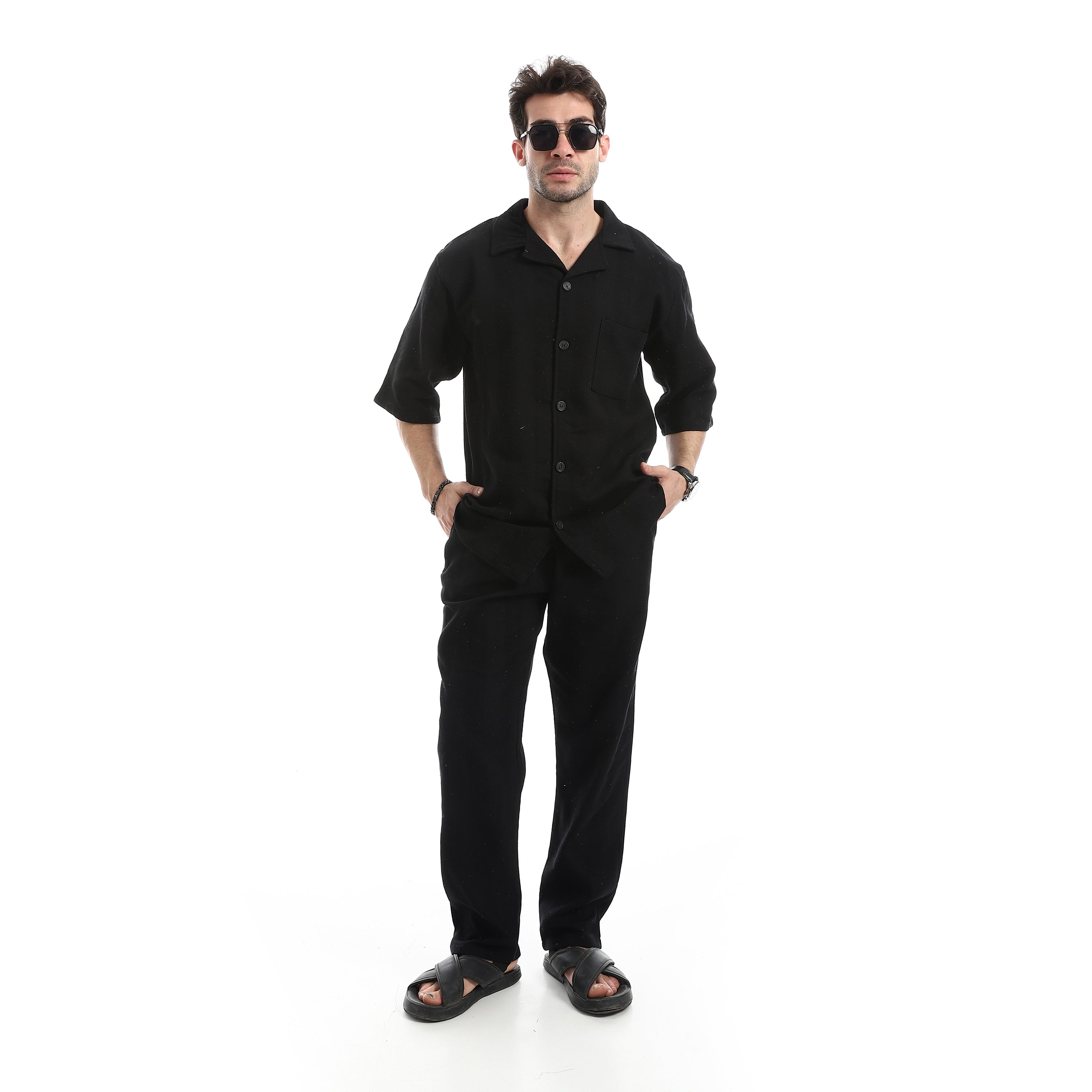 Relaxed Fit Casual Pants Set - Black