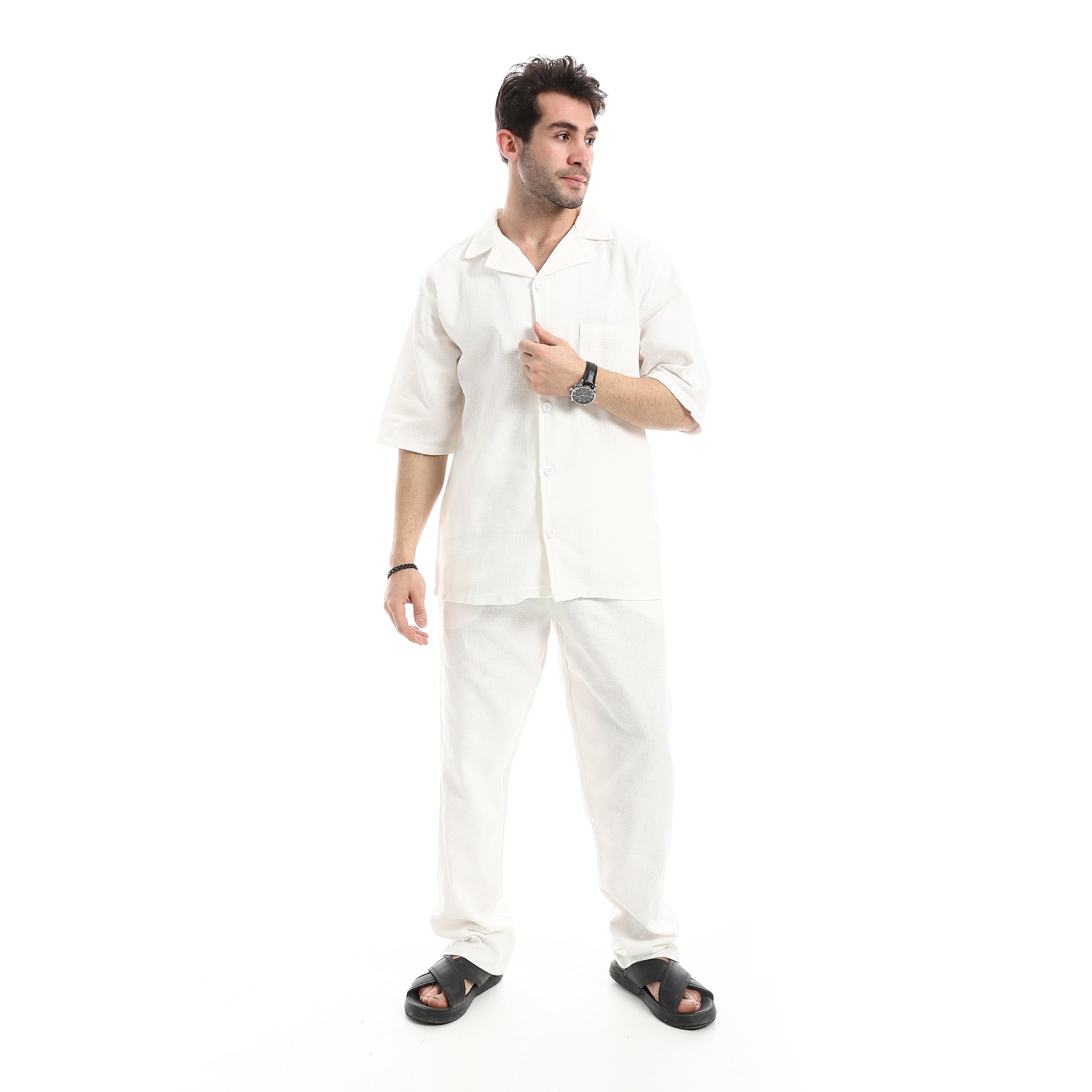 Relaxed Fit Casual Pants Set - White