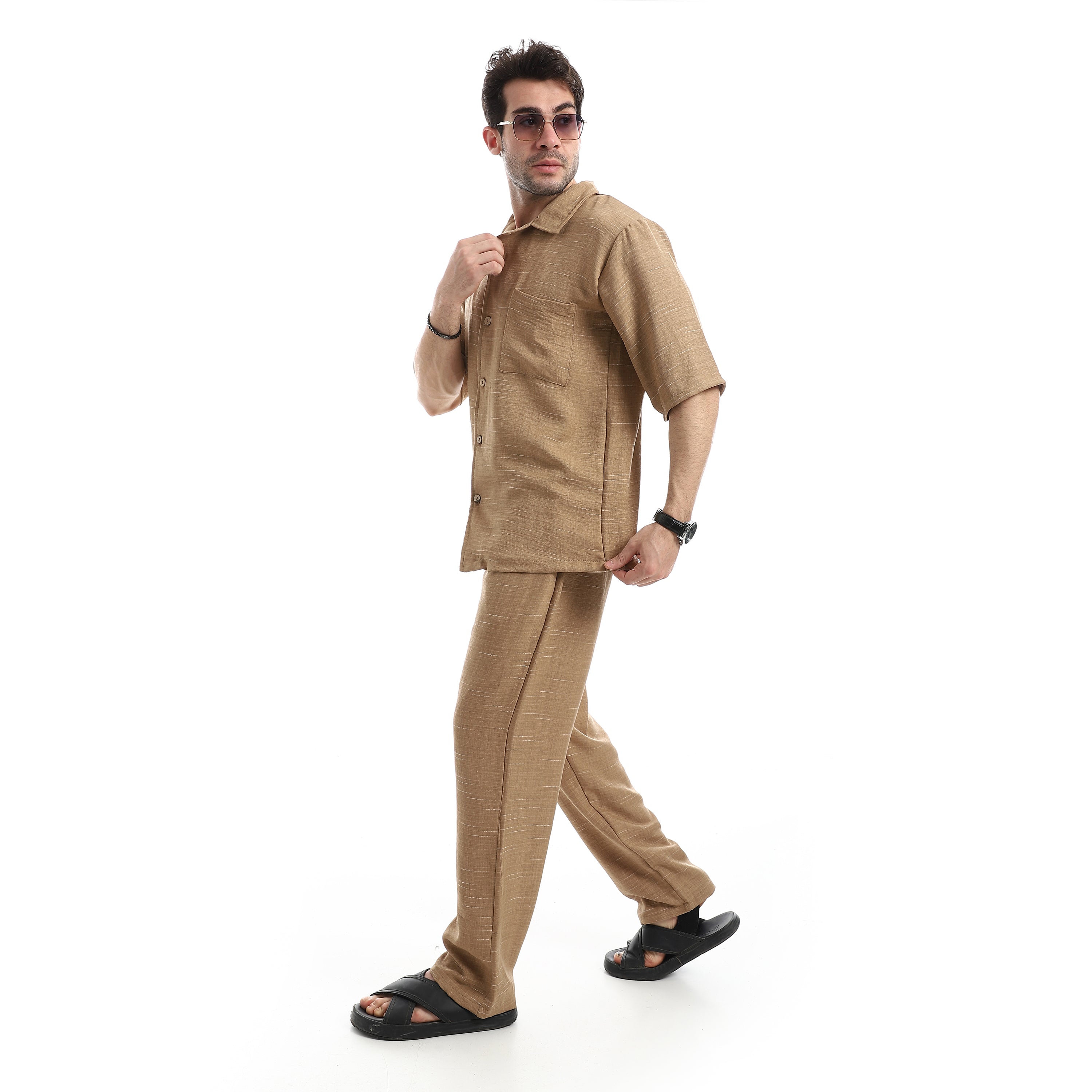 Relaxed Fit Linen Blend Pants Set - Camel