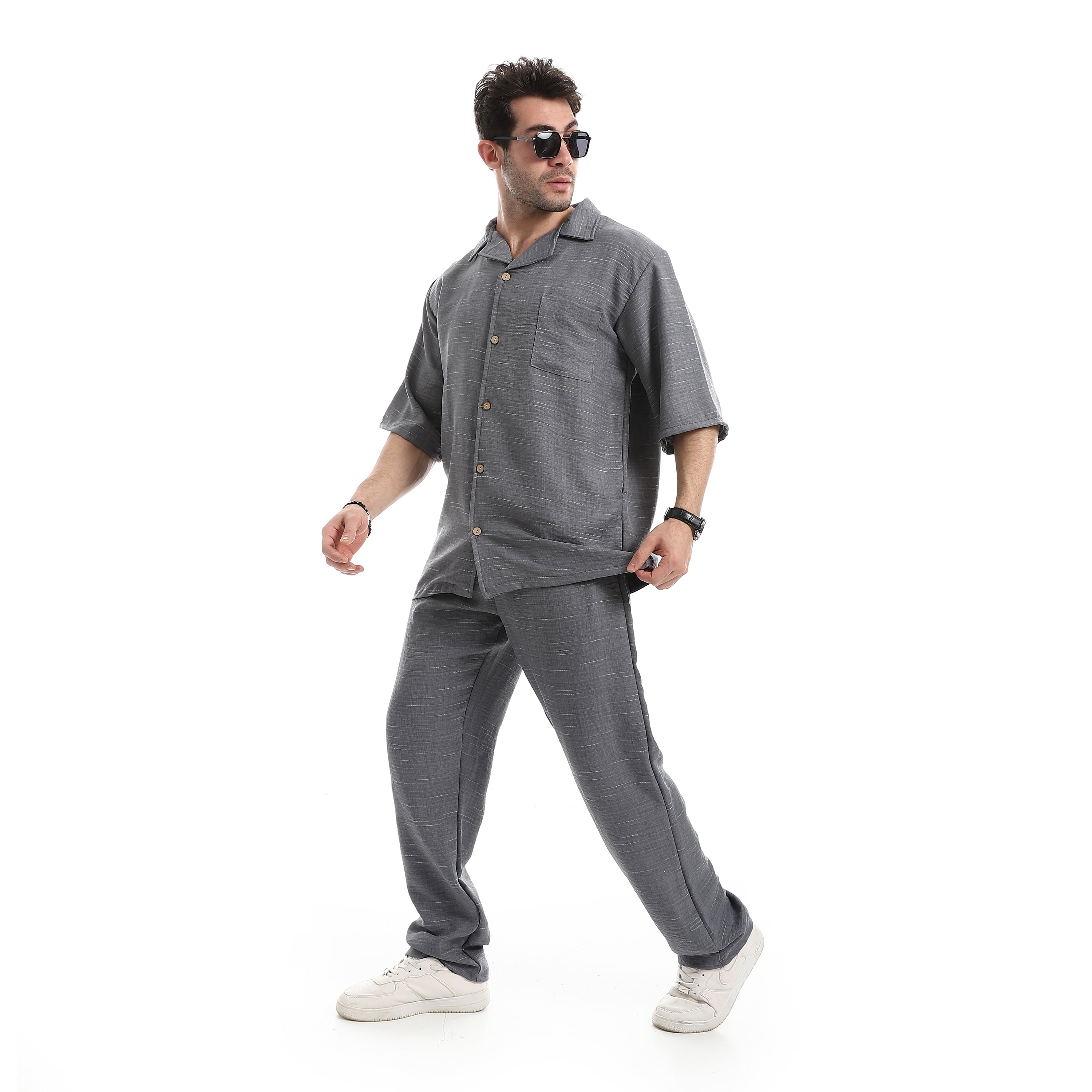 Relaxed Fit Linen Blend Pants Set - Grey