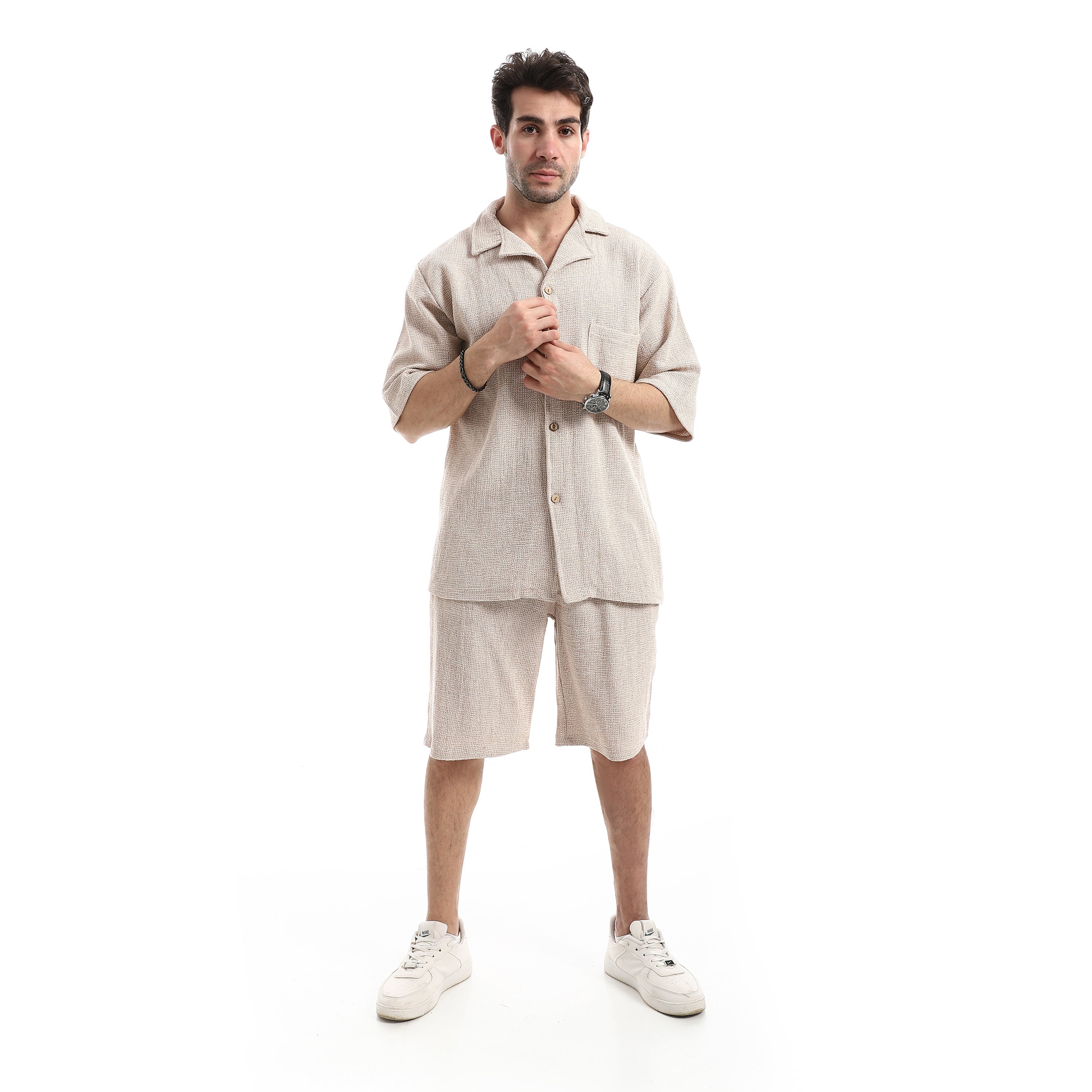Comfy Textured Shorts Set - Beige