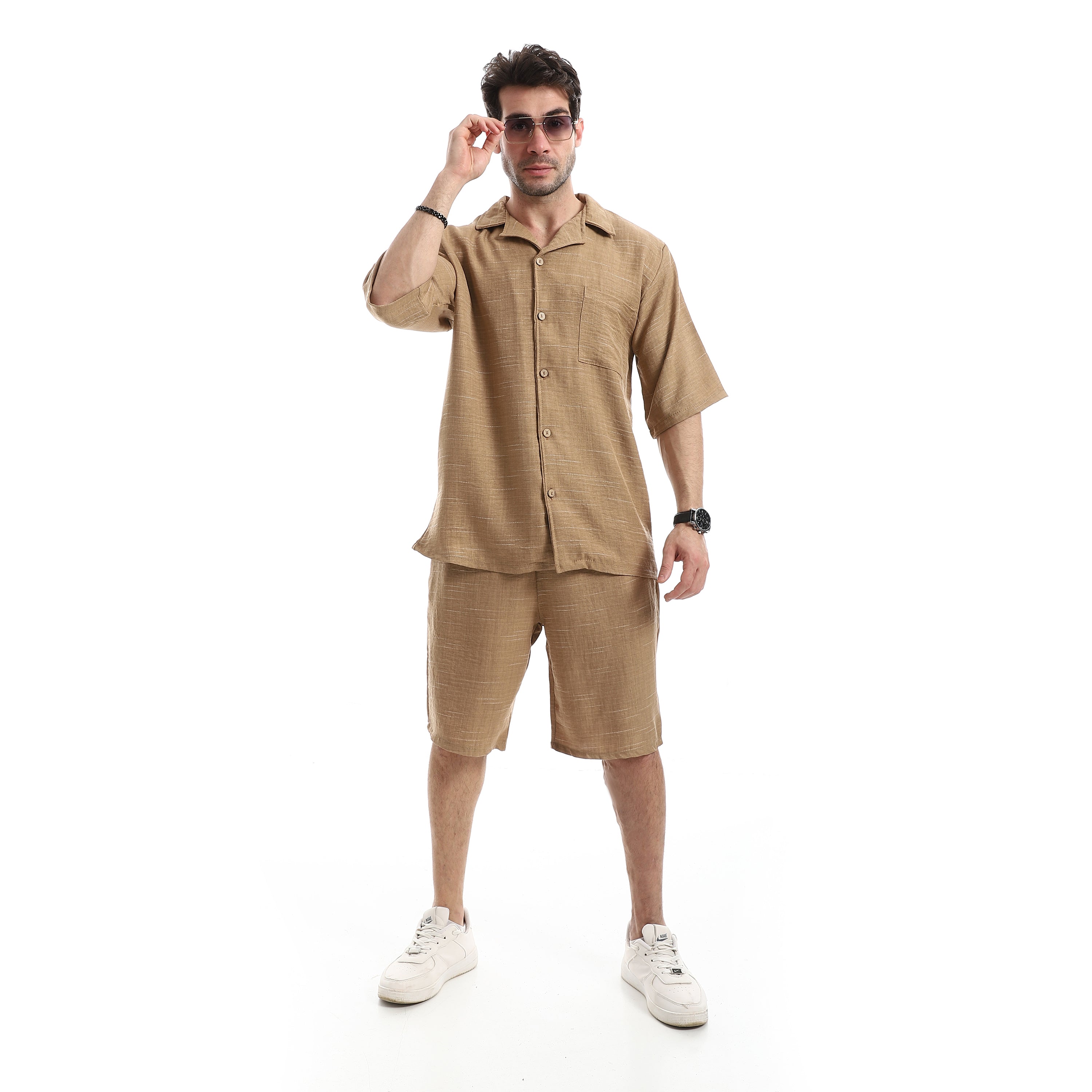 Heather Linen Texture Shorts Set - Camel