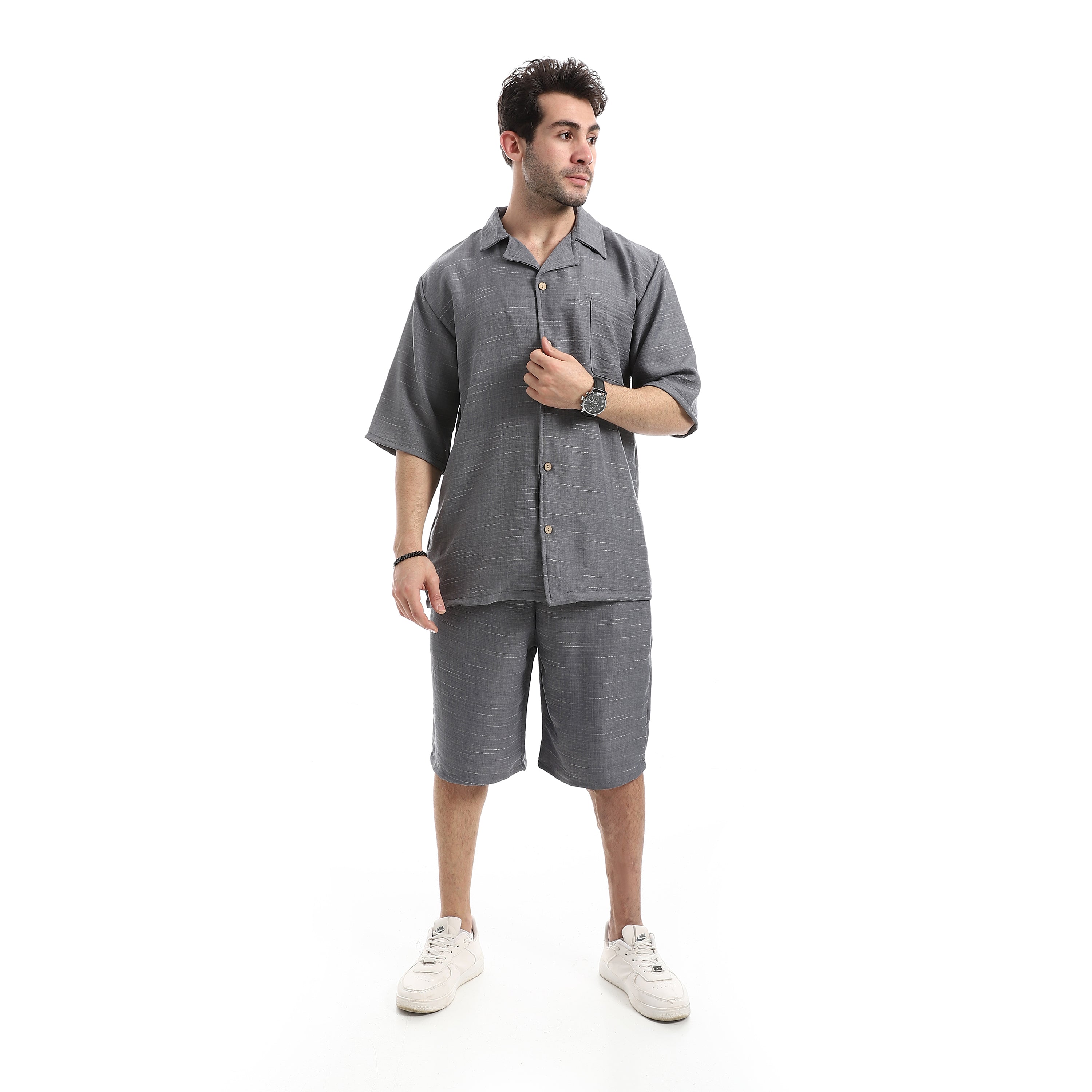 Heather Linen Texture Shorts Set - Grey