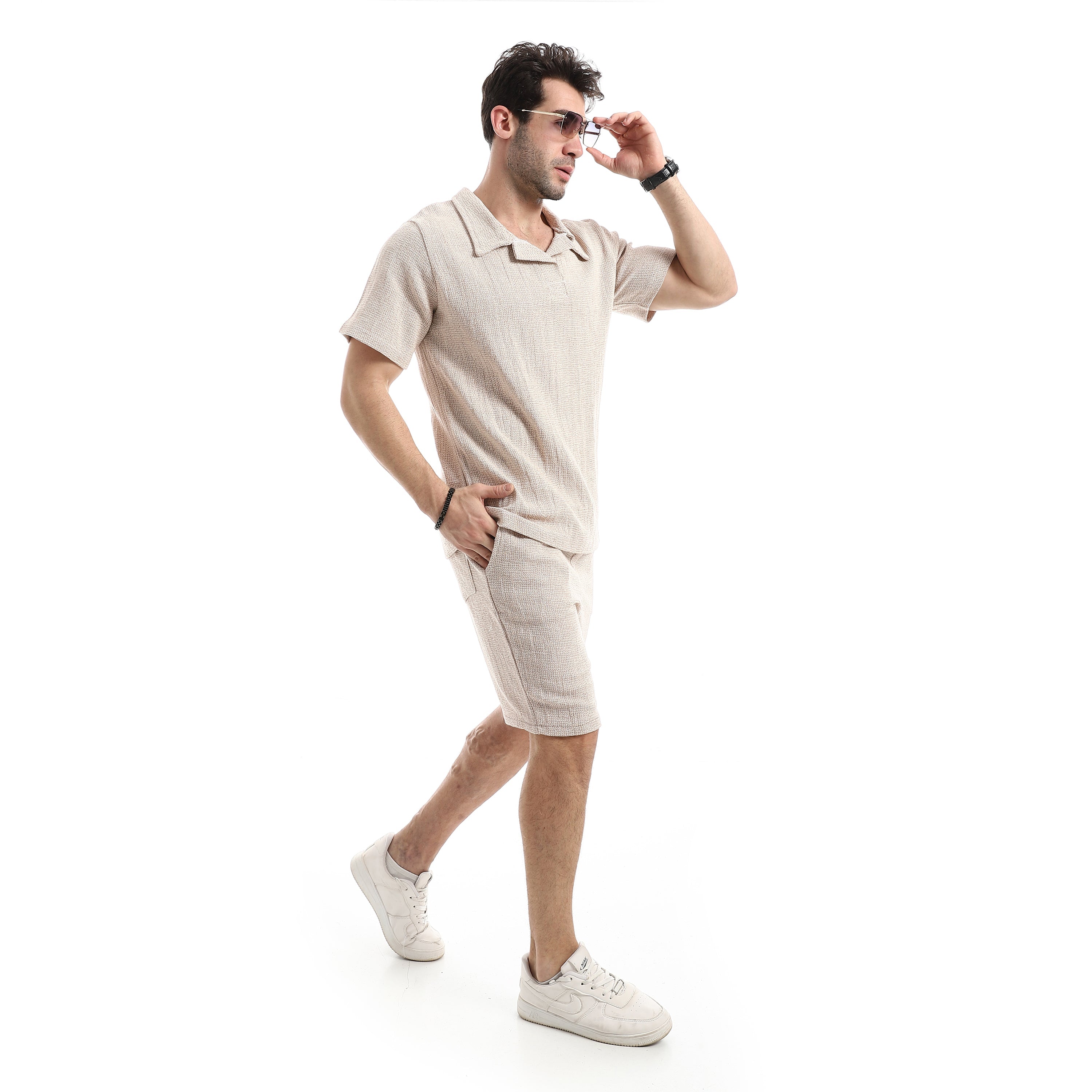 Johnny Collar Textured Shorts Set - Beige