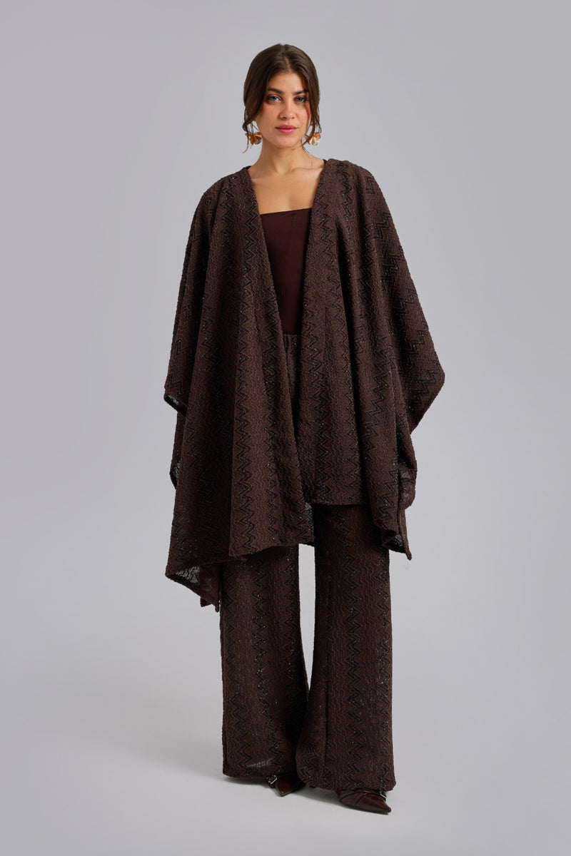 Zigzag-Embroidered Kimono - Brown