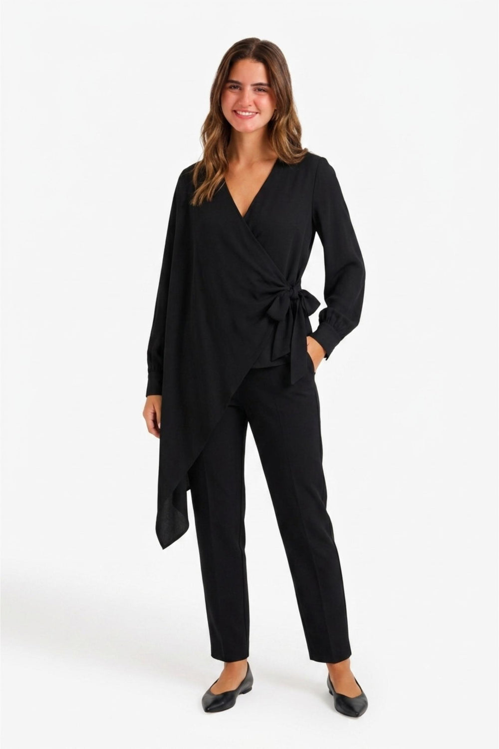 Asymmetrical Side Tie Blouse – Black