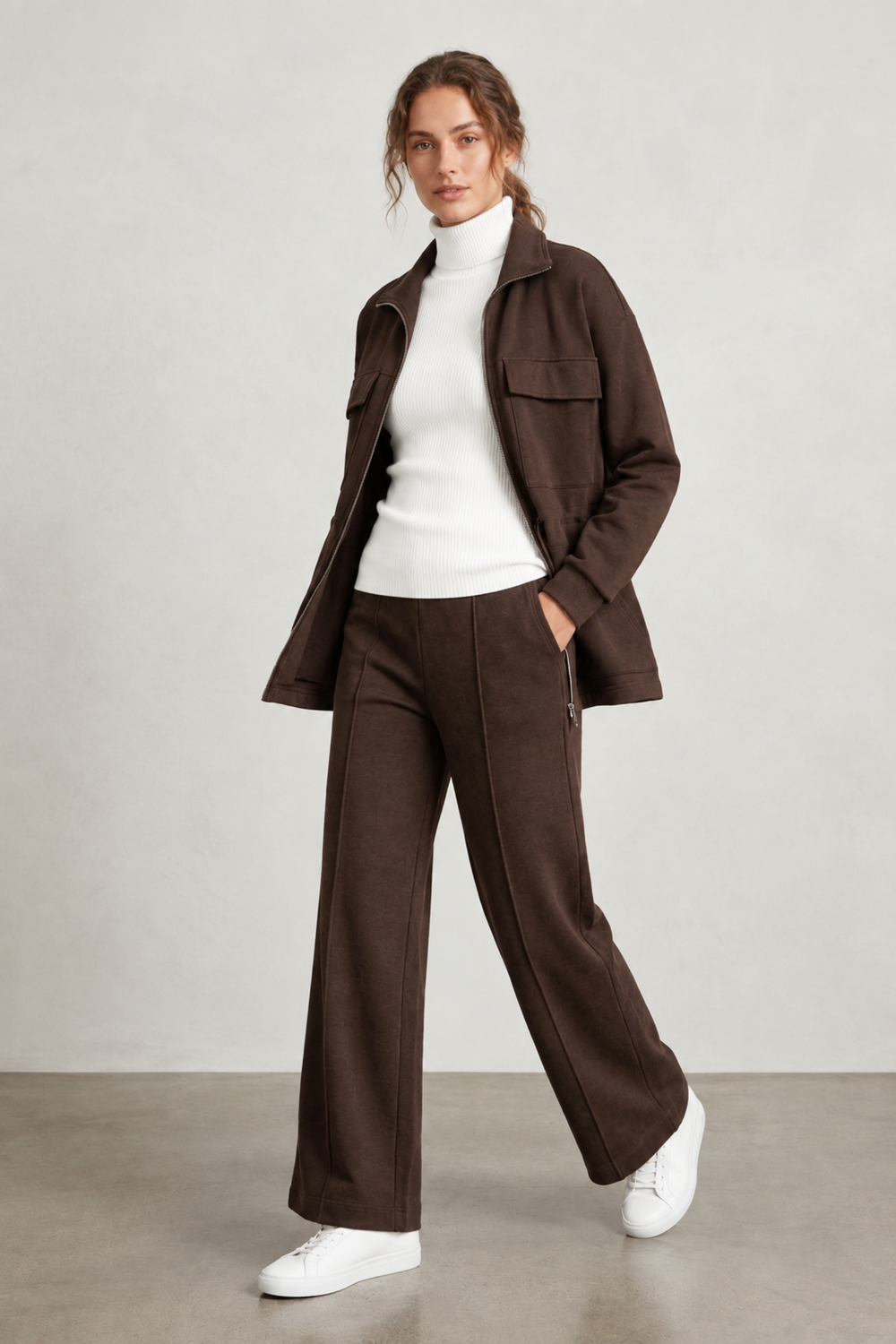 Stitched Panel Wide-Leg Pants – Dark Brown