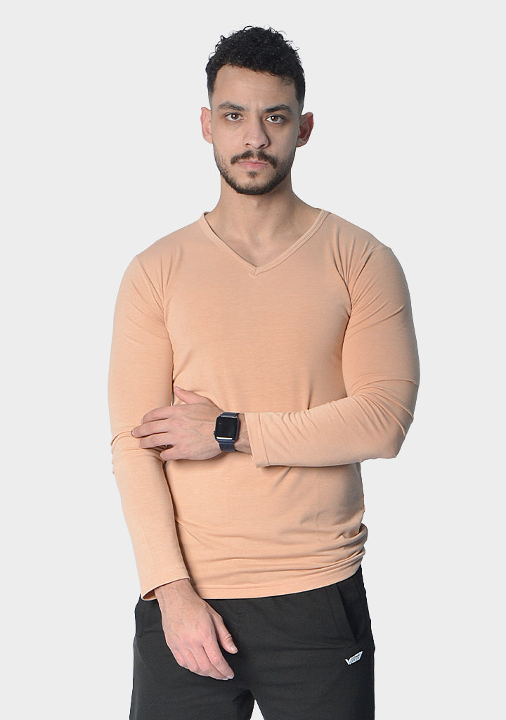 Poly-Cotton Plain Long Sleeve V-Neck T-Shirt – Salmon