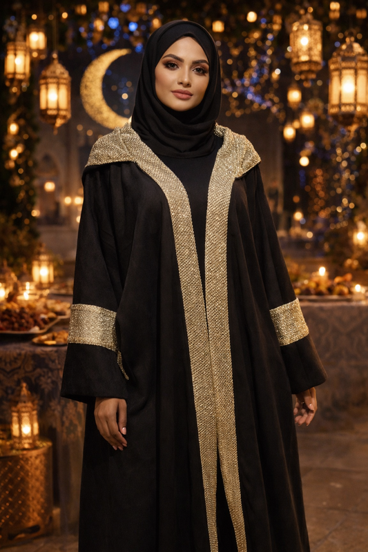 Hooded Gold-Trim Kaftan – Black
