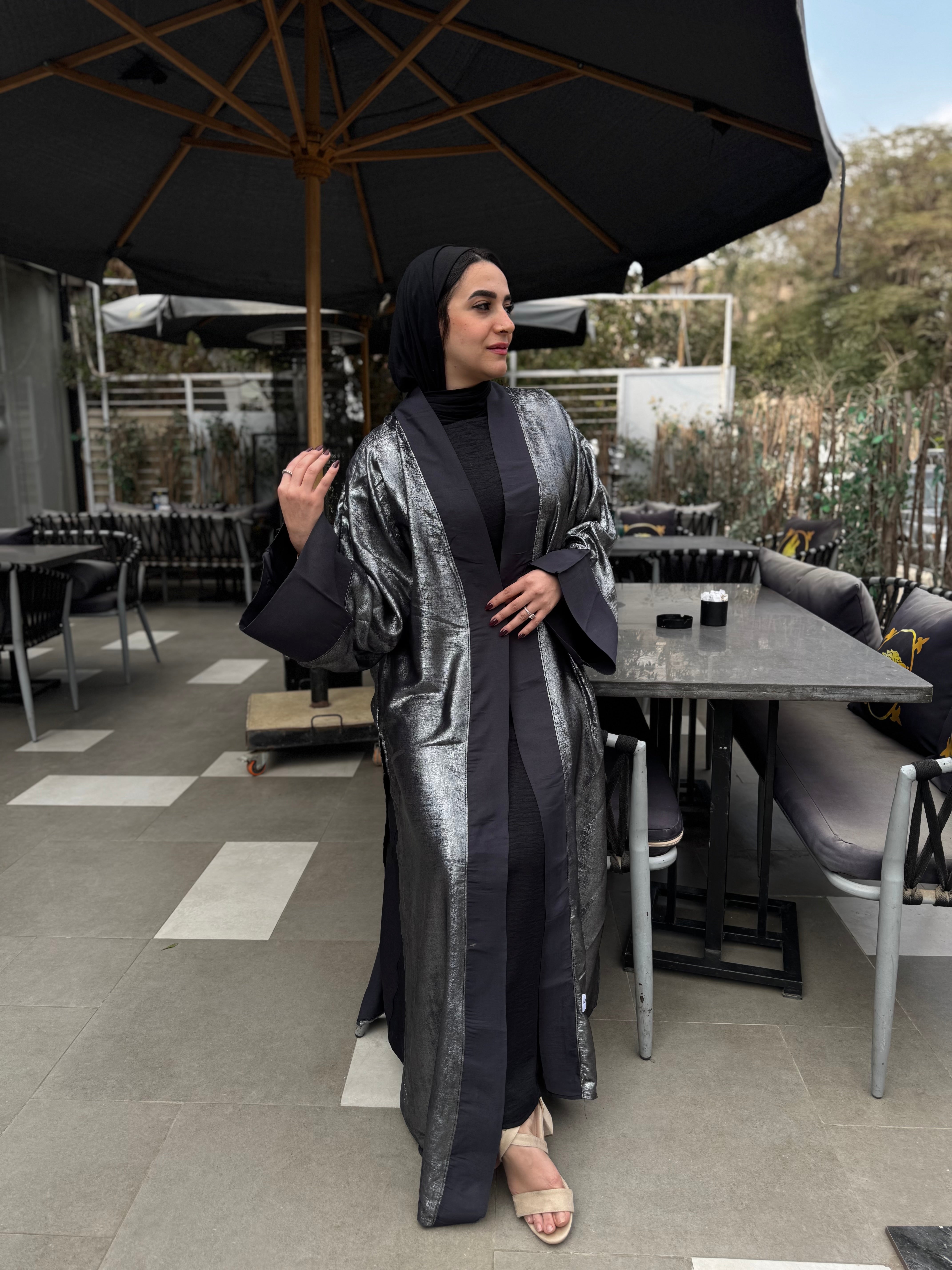 Metallic Satin Solid Kaftan – Black