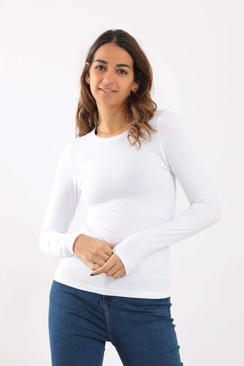 Round Neck Long Sleeve Top - White