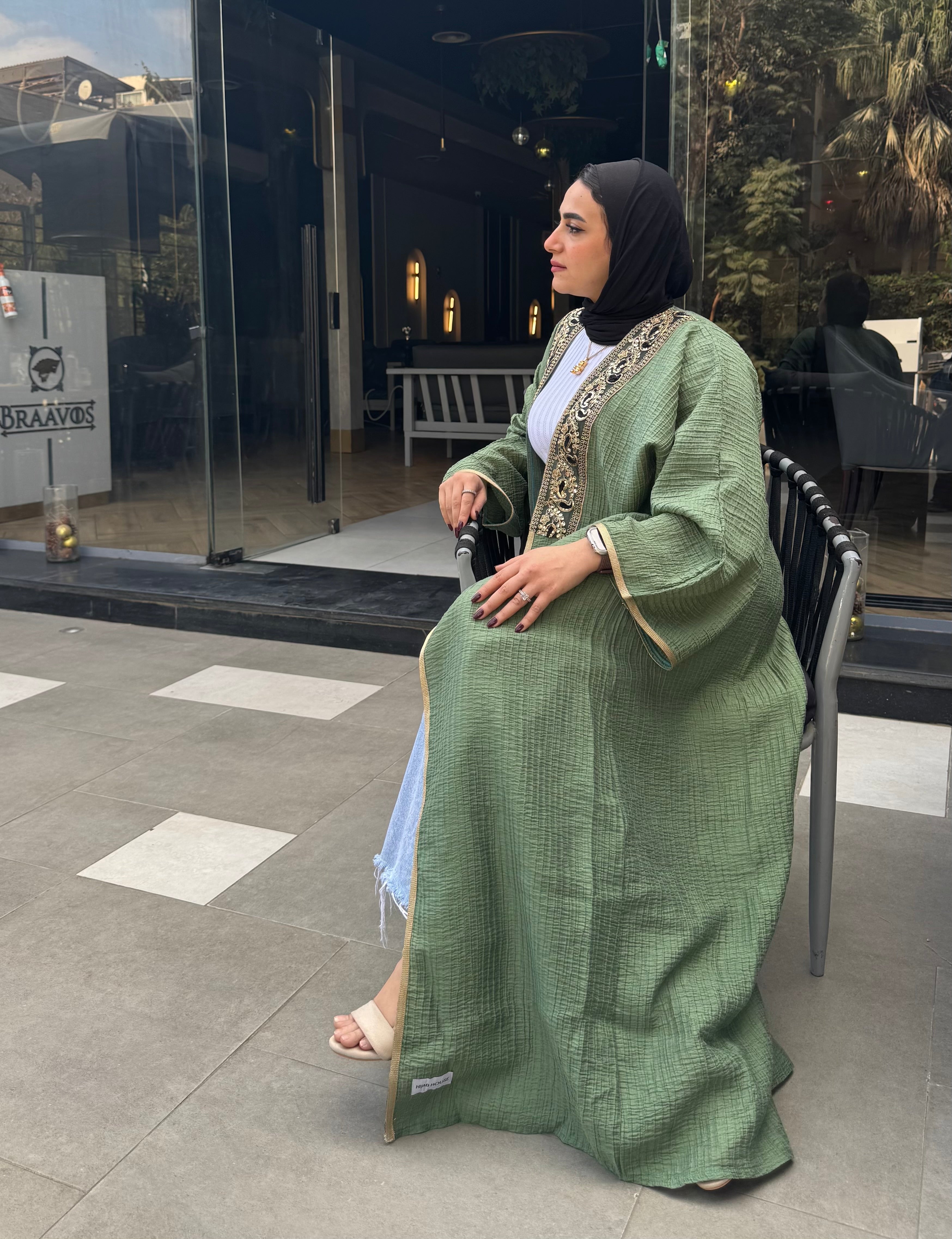 Linen Solid Kaftan – Green