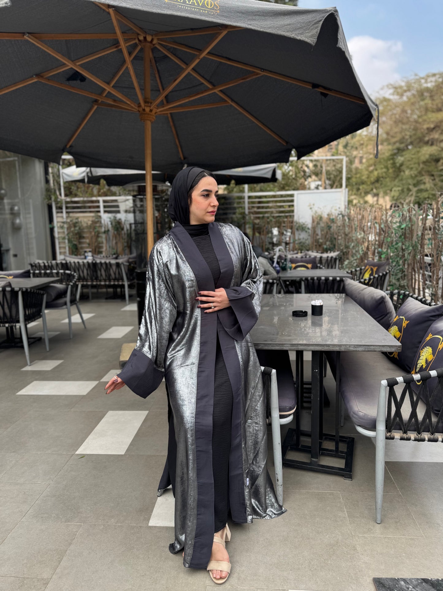 Metallic Satin Solid Kaftan – Black