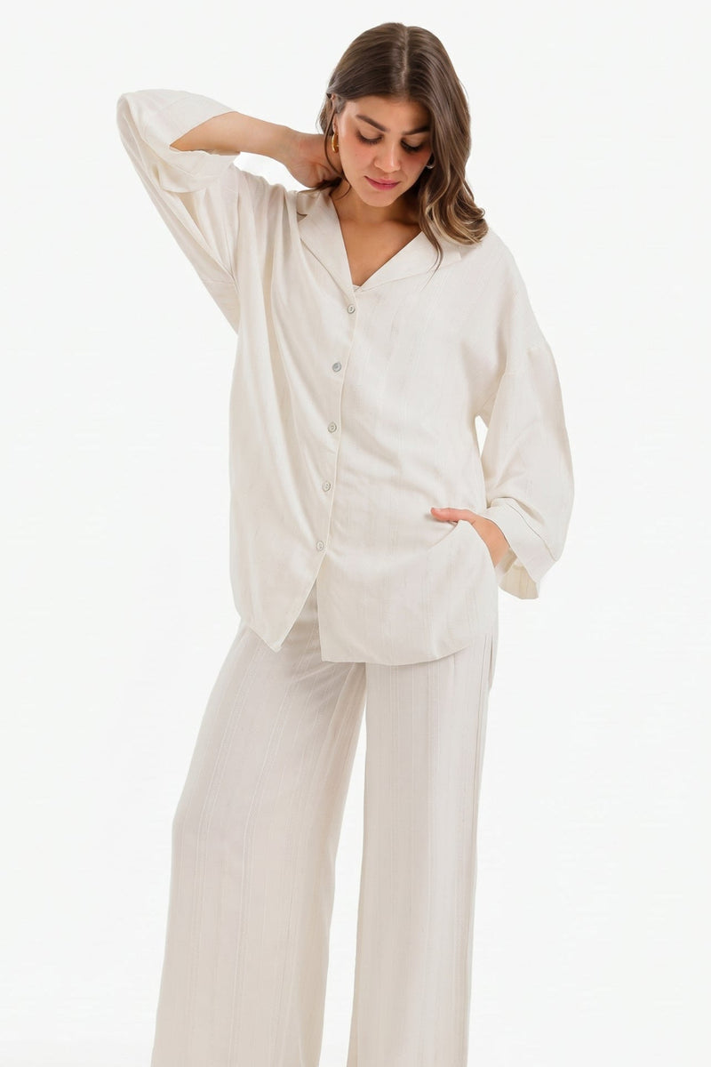 Textured Oversized Pajama Set - Off White