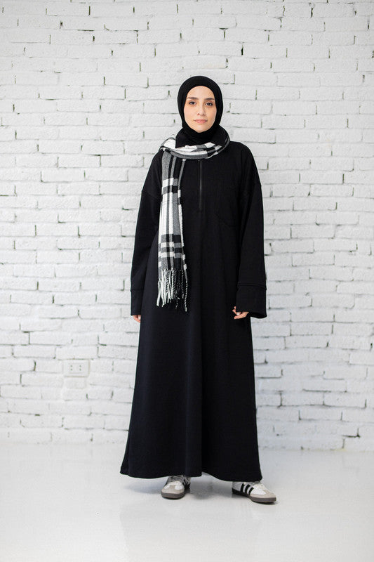 Zipper Chest Pocket Relaxed Dress – Black