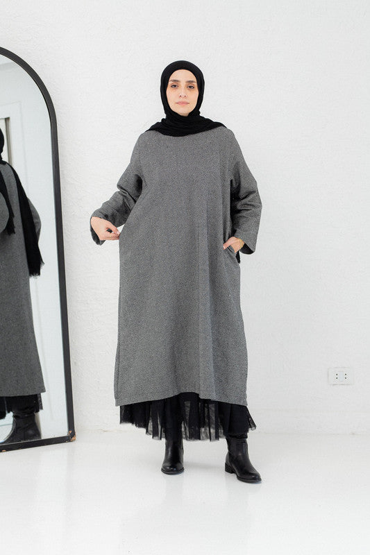 Woven Wool High-Low Hem Dress – Gray