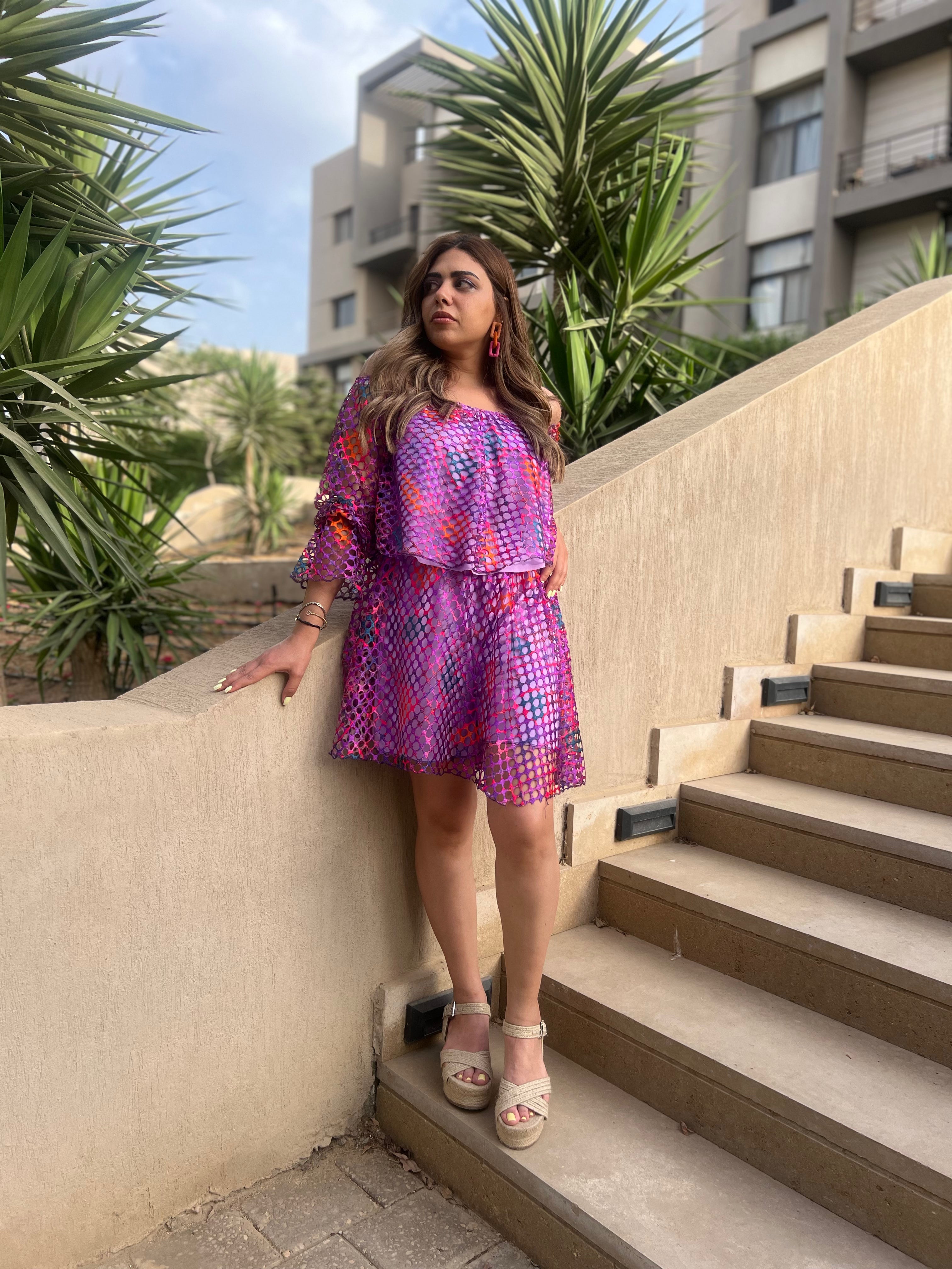 Fishnet Off Shoulder Long Sleeve & Short Skirt Set - Multicolor