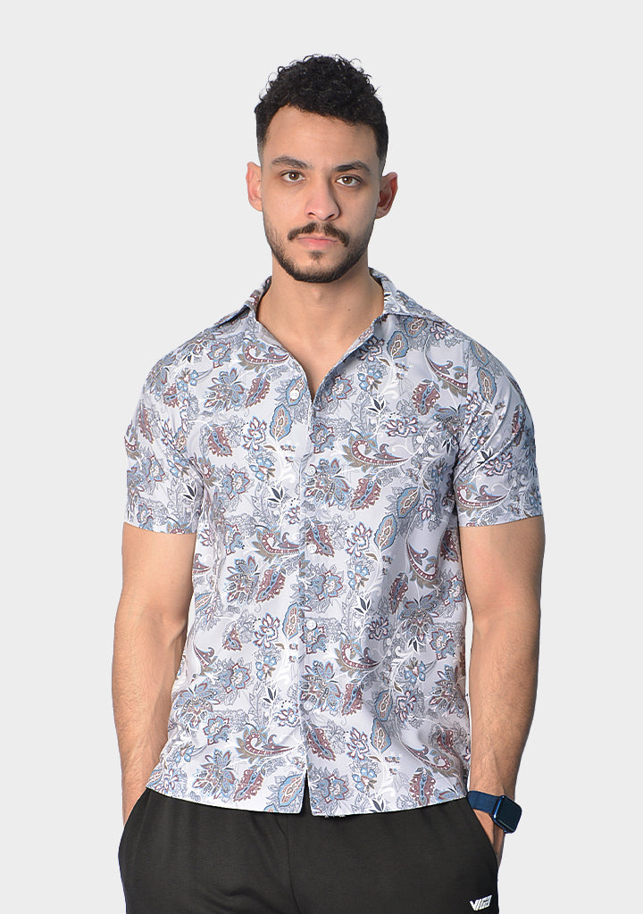 Polyester Floral Print Short Sleeve Shirt – Multicolor