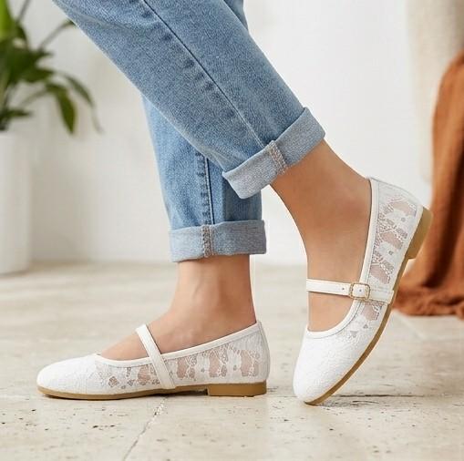 Floral Lace Mary Jane Ballet Flat – White (1396)