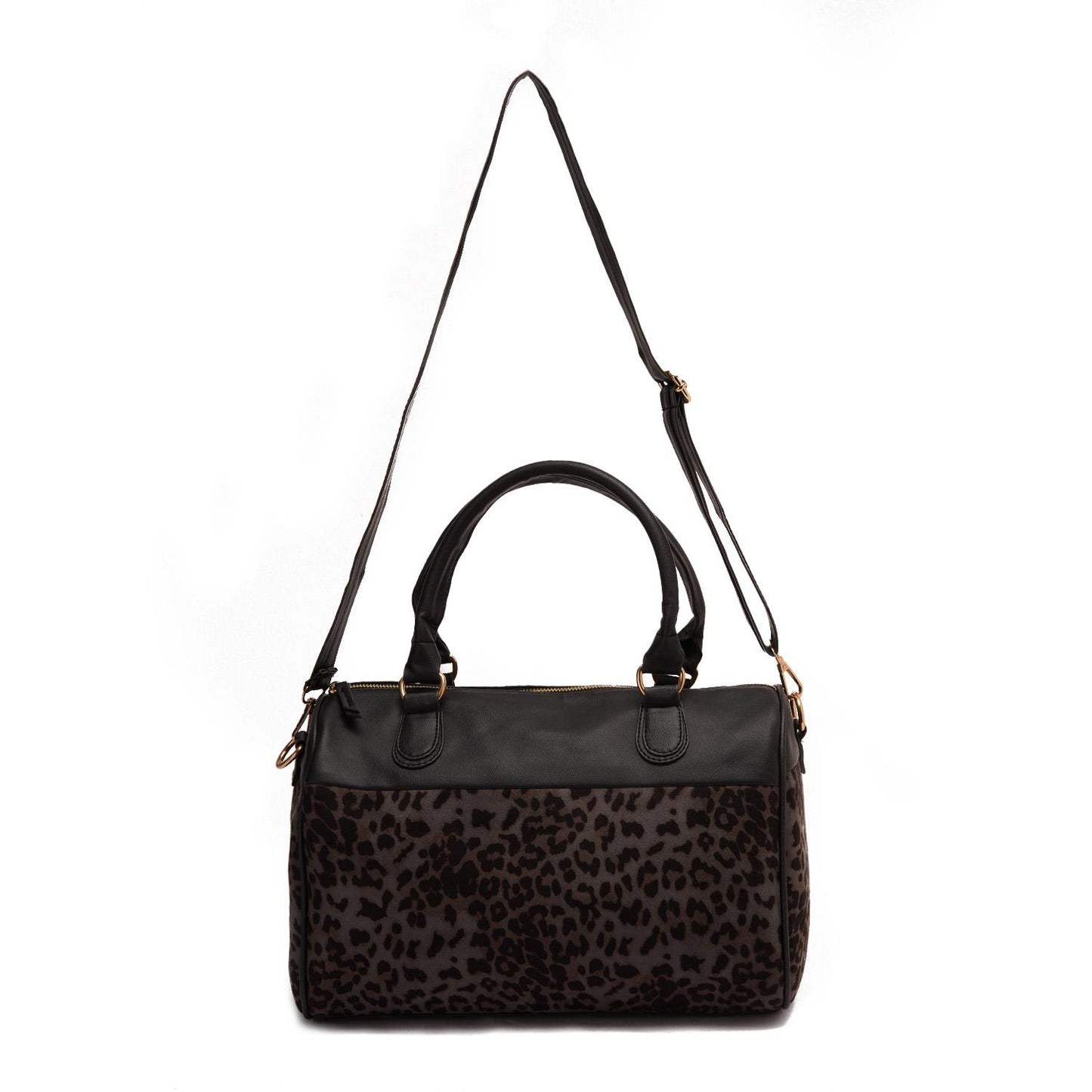 Faux Leather Animal Print Hand Bag - Black