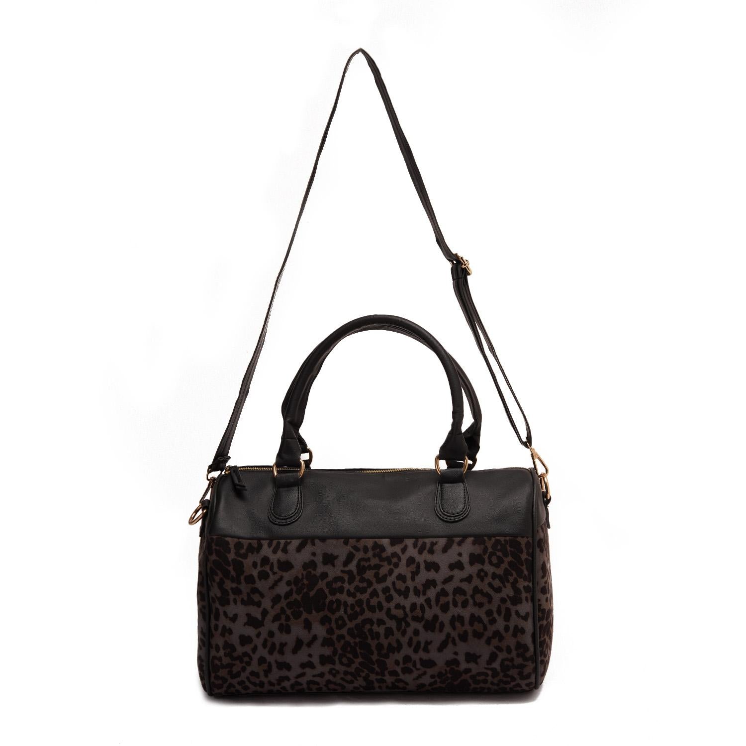 Faux Leather Animal Print Hand Bag - Black