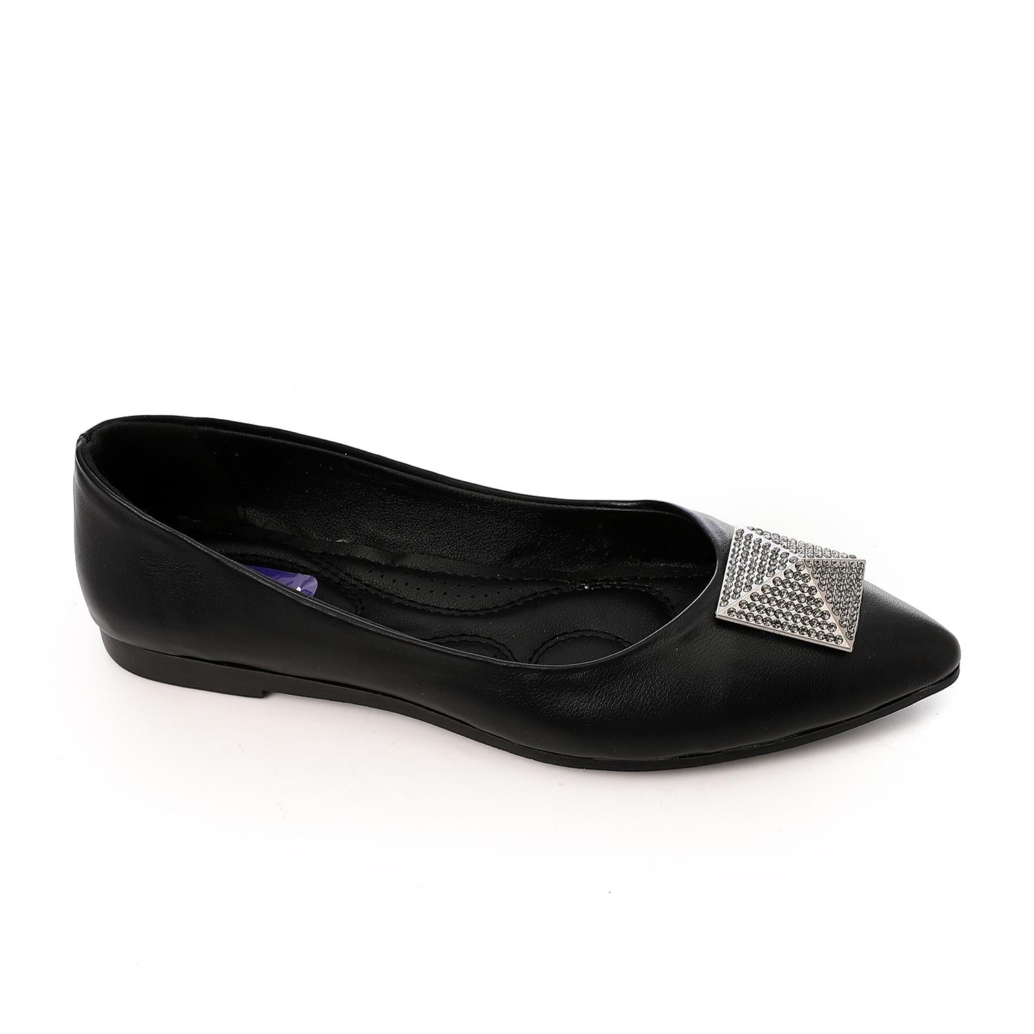 Faux Leather Embellished Ballet Flats - Black