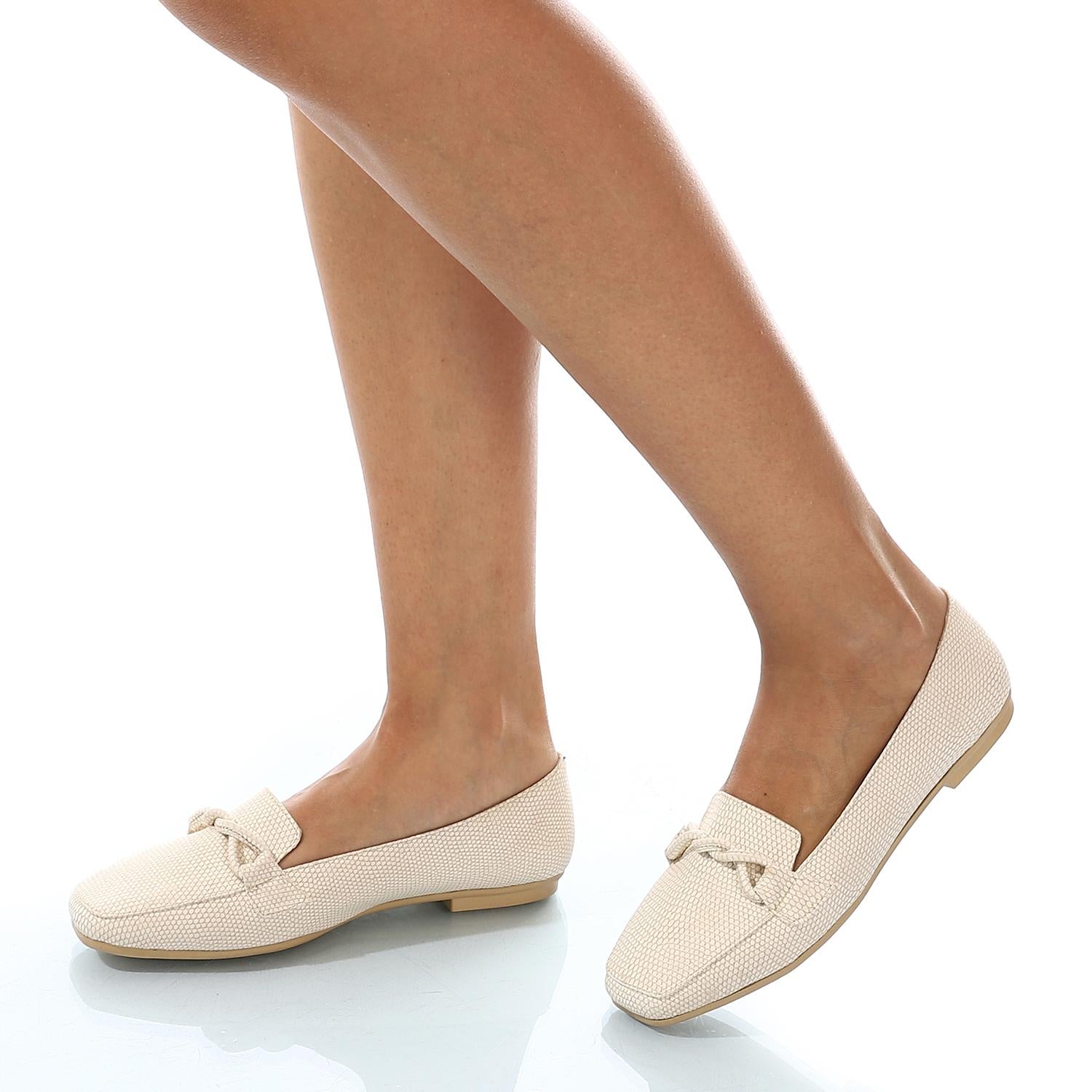Faux Leather Textured Knot Loafer - Beige