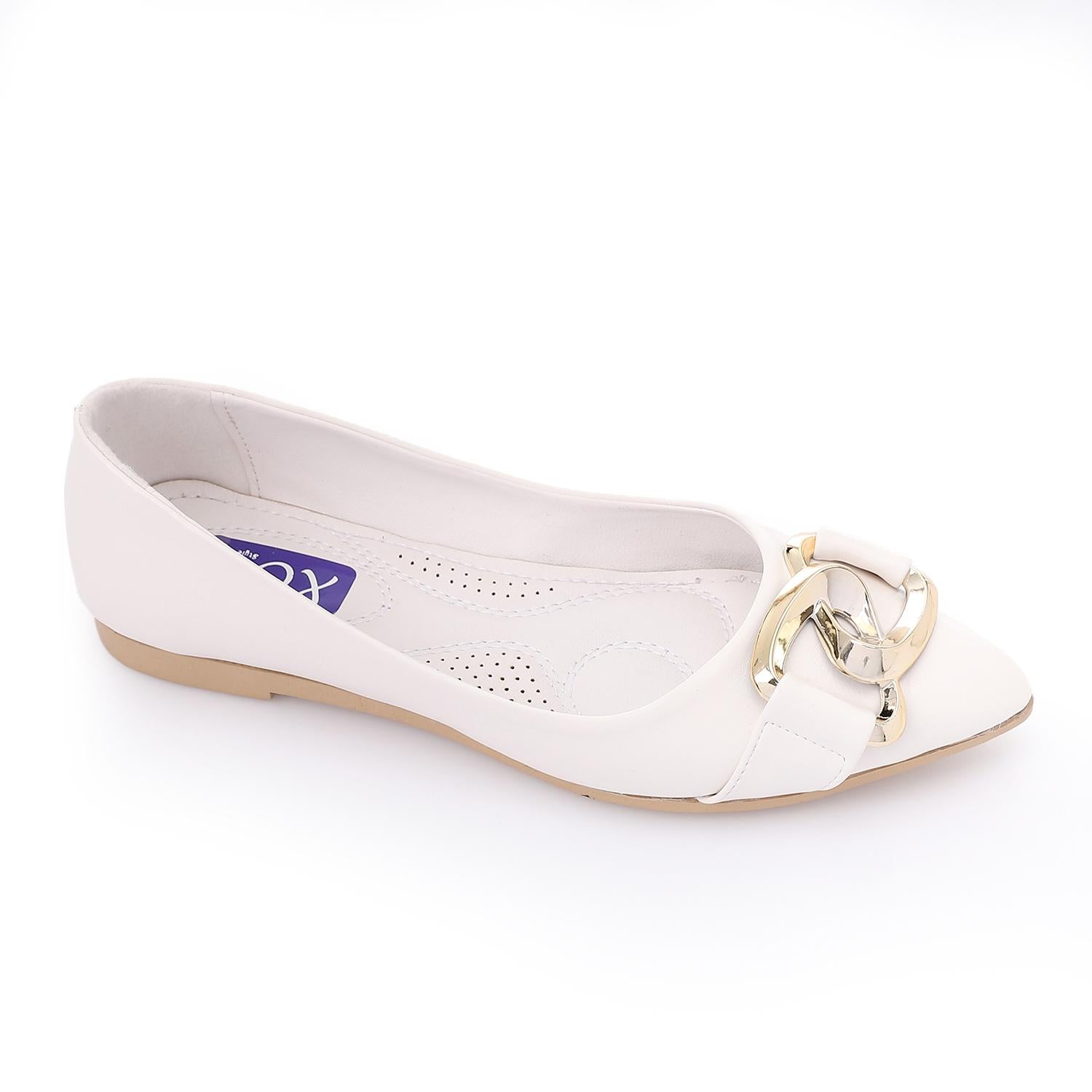 Faux Leather Pointed-Toe Ballet Flat - White