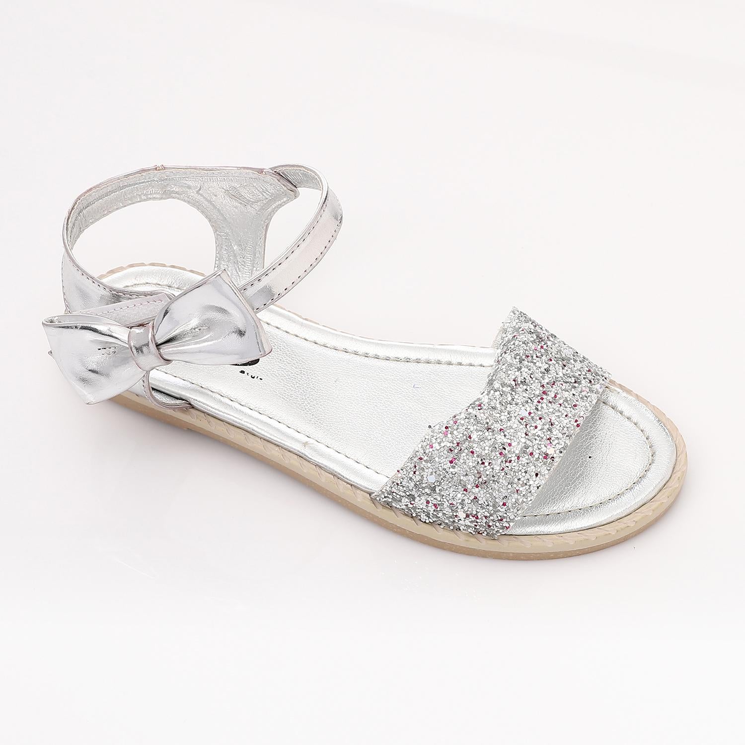 Leather Glitter Bow Sandals – Silver