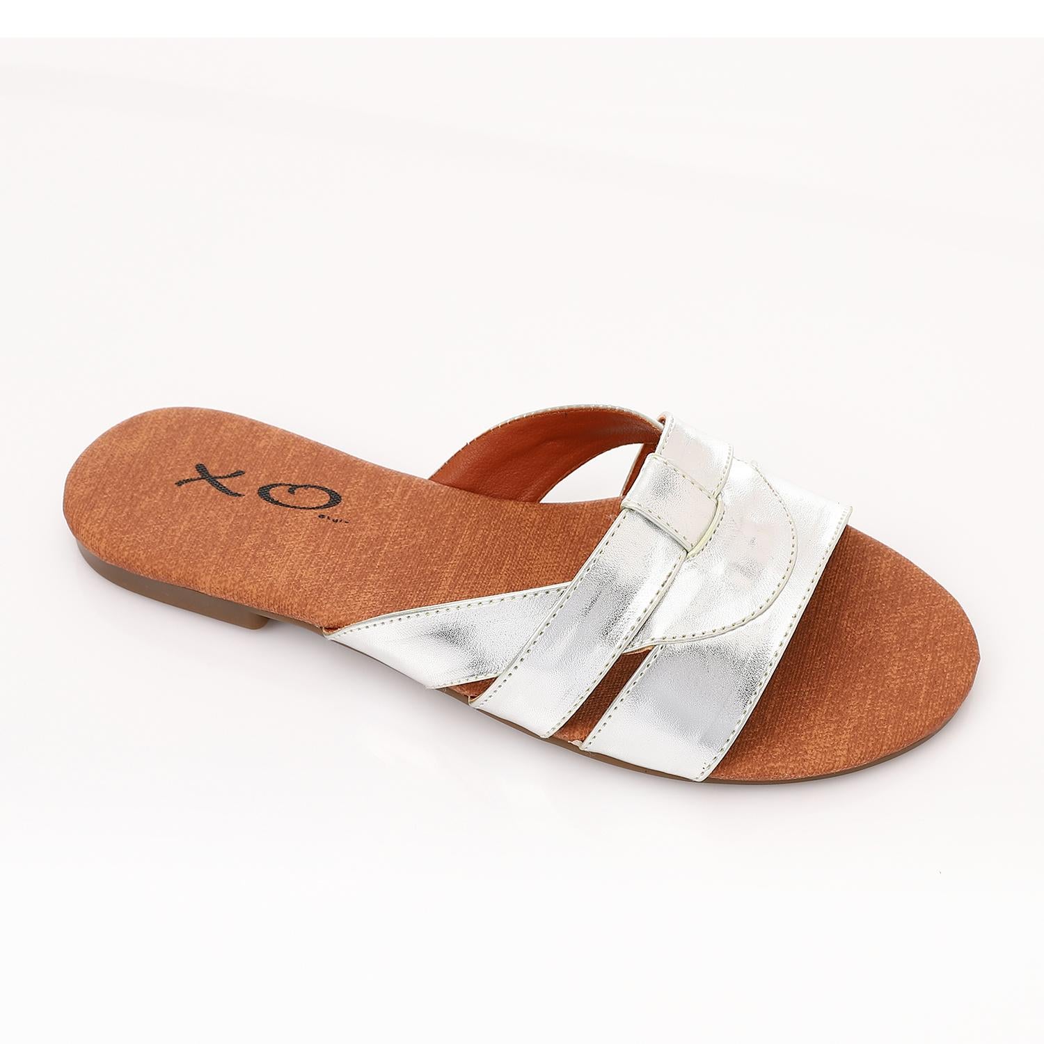Faux Leather Metallic Criss-Cross Flat Slippers - Silver