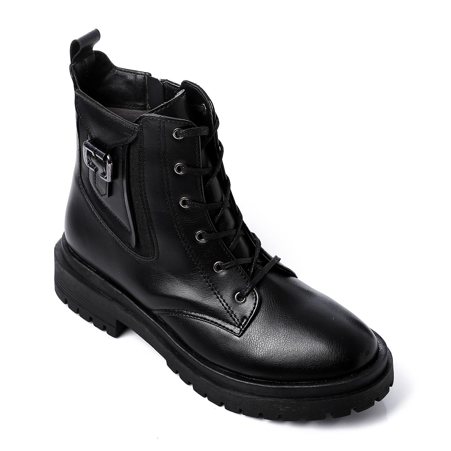 Faux Leather Solid Combat Boot - Black
