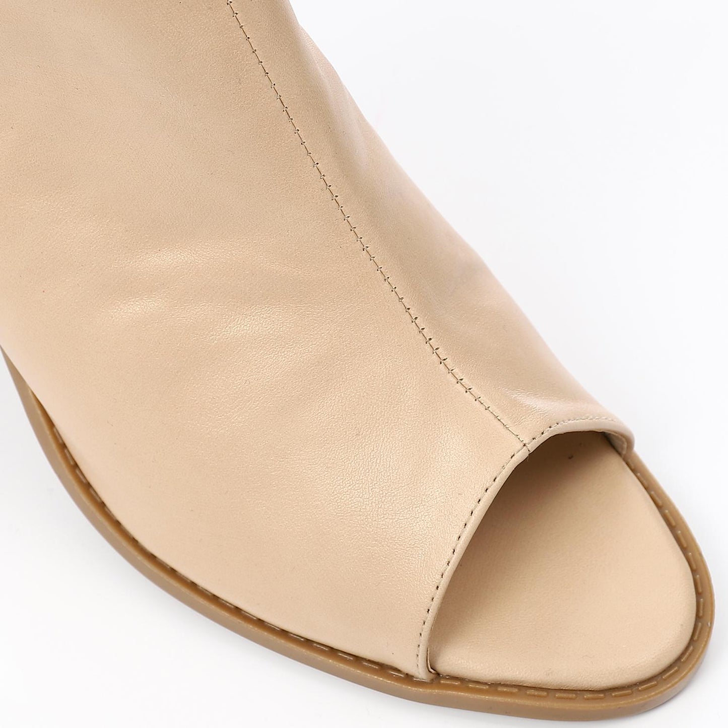 Leather Peep-Toe Block Heel Sandals - Beige