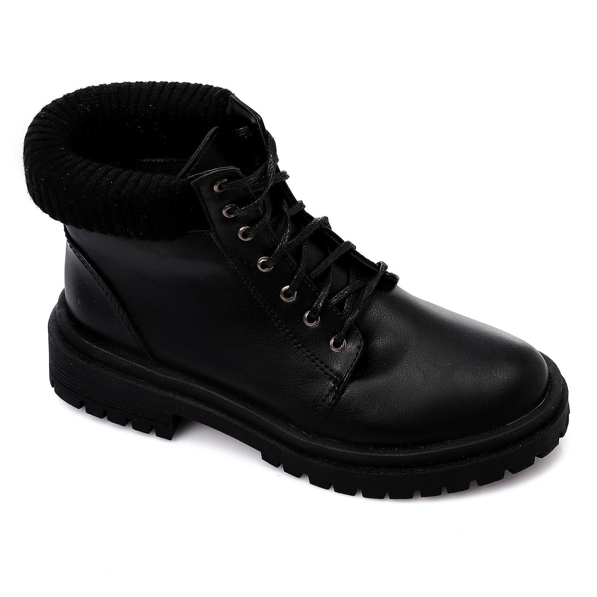 Ribbed Cuff Lace-Up Chunky Ankle Boots – Black