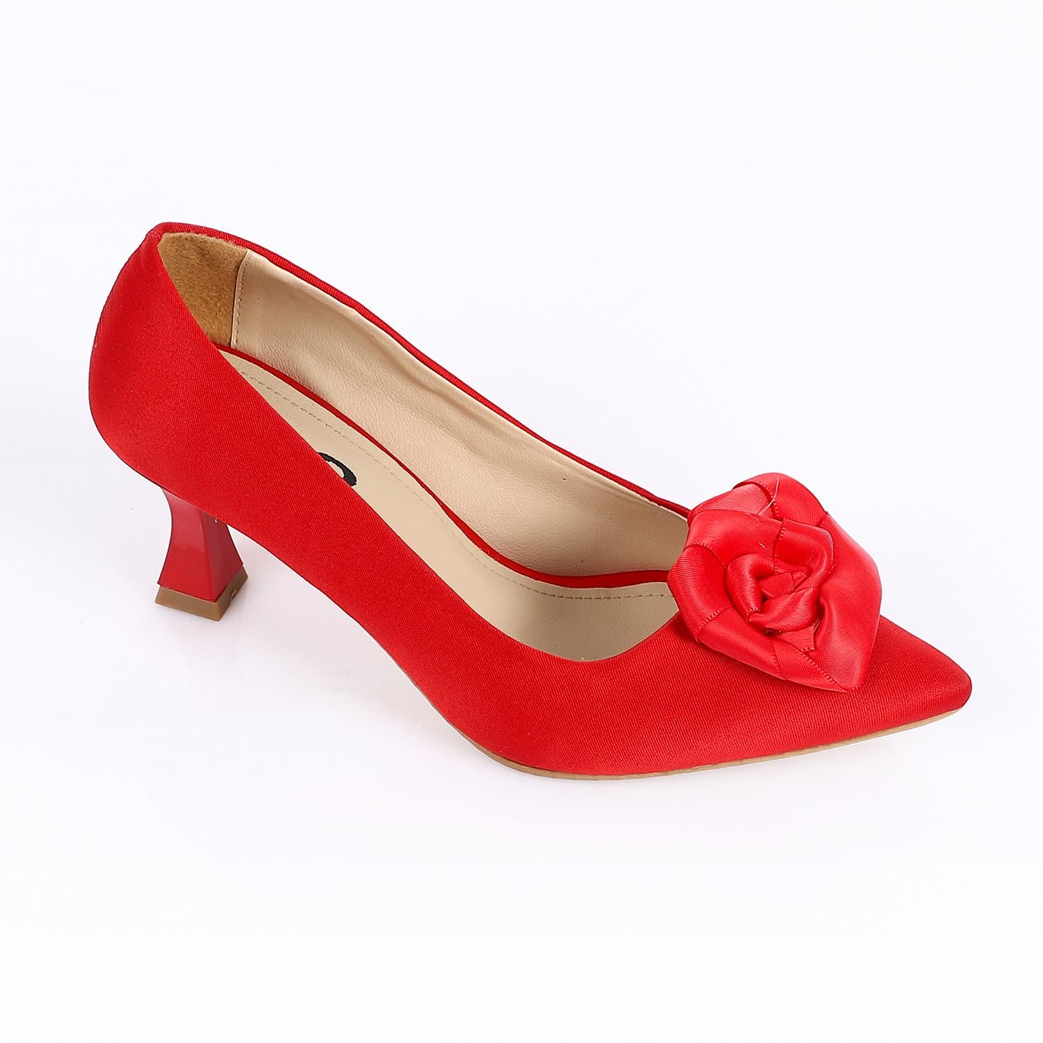 Satin Floral Pointed-Toe Kitten Heel Pump - Red