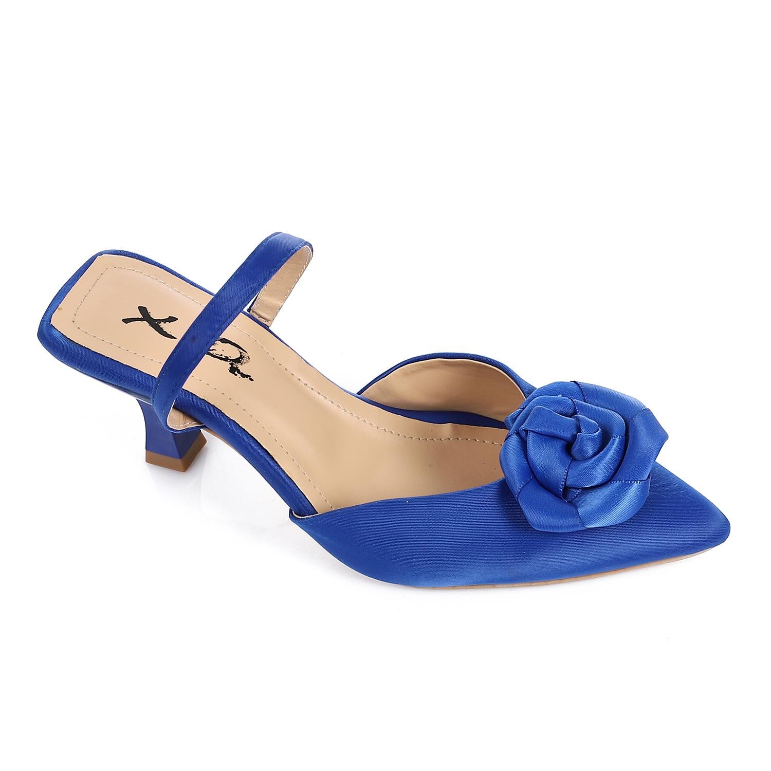 Satin Floral Pointed Toe Slingback Pumps - Blue