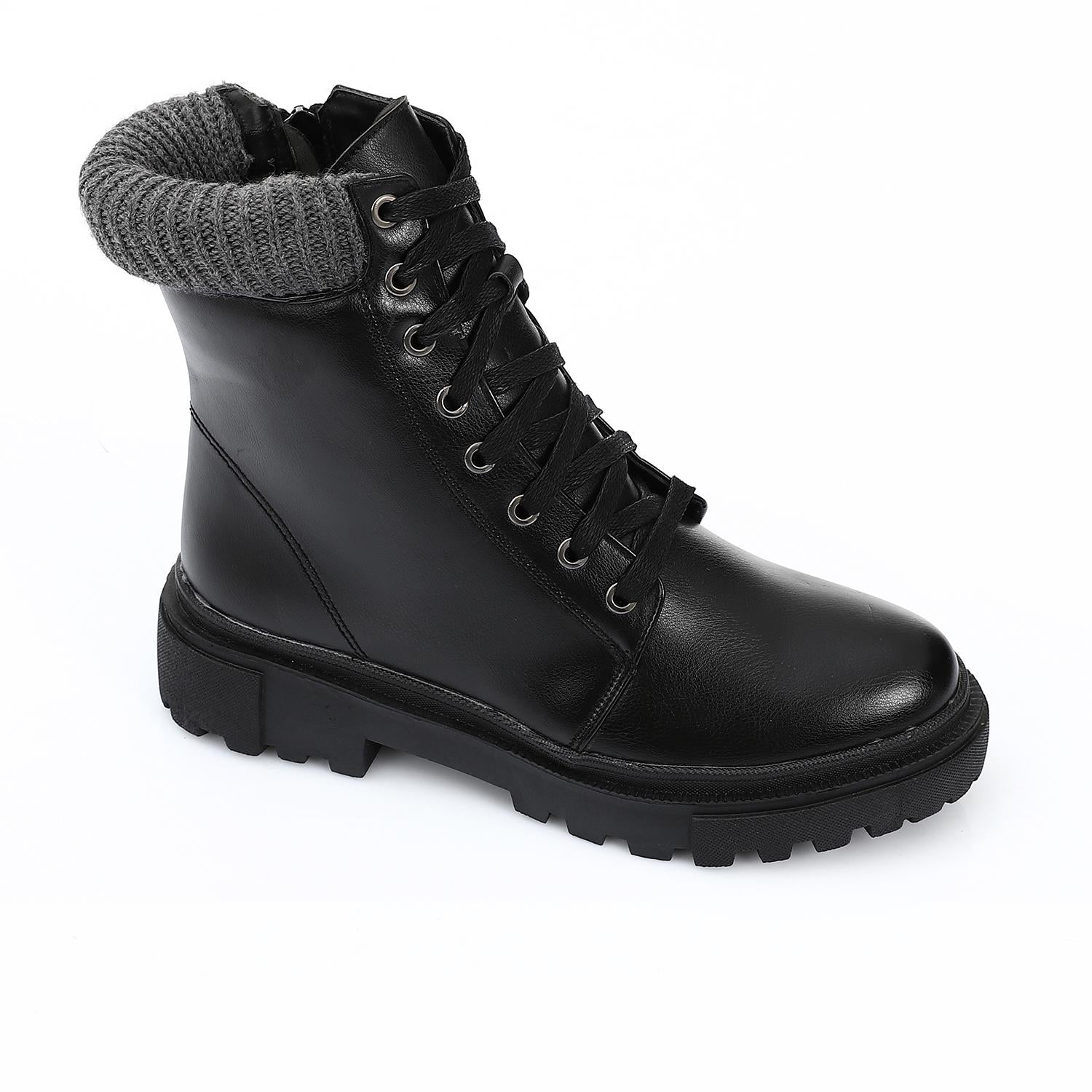 Faux Leather Knitted Ankle Boot - Black