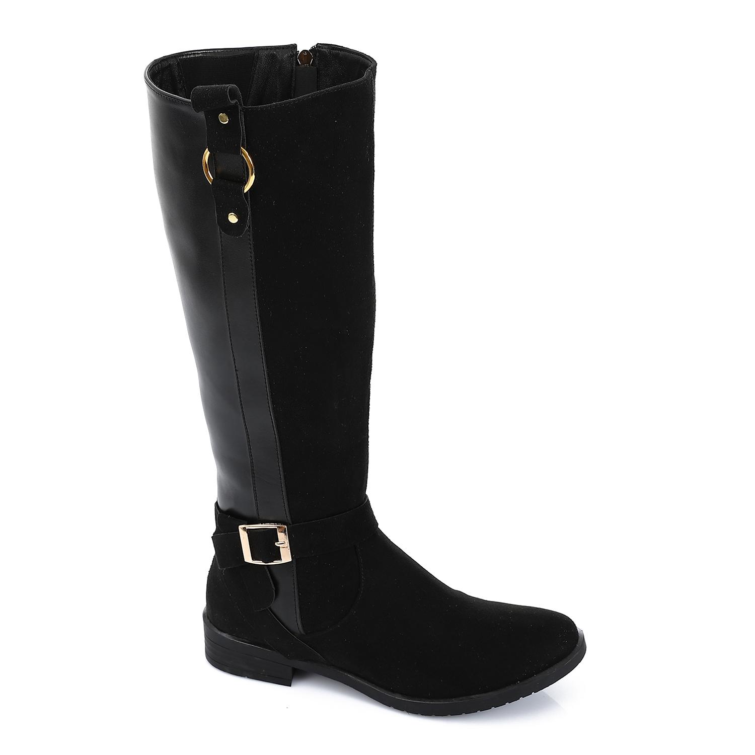 Suede & Leather Color Block Riding Boot - Black