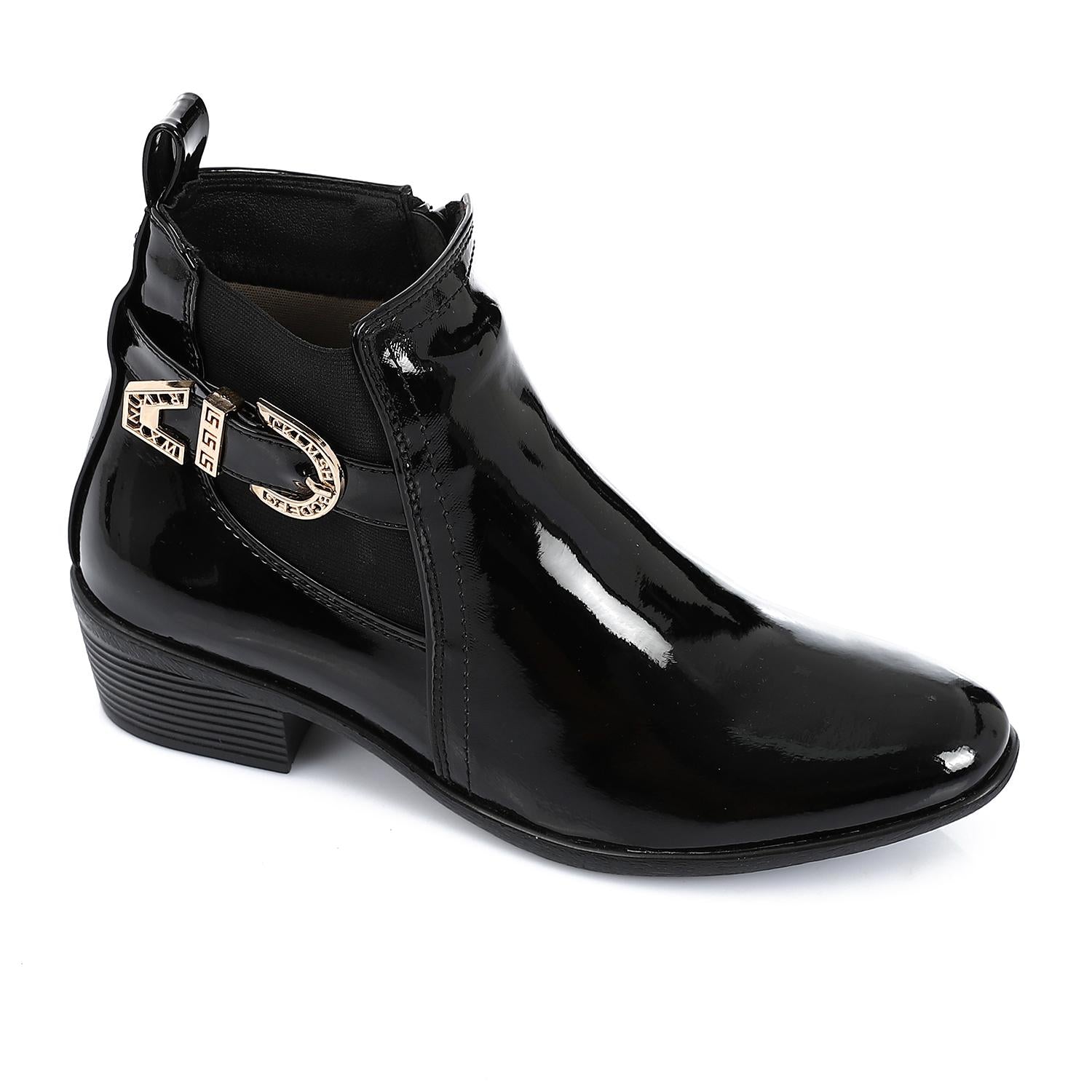Patent Leather Solid Ankle Boot - Black